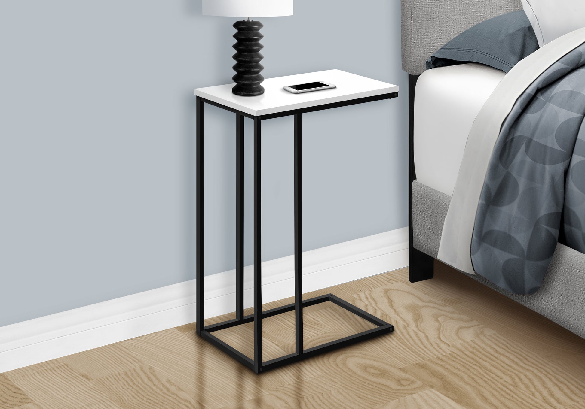 Accent Table, C Shaped, End, Side, Snack, Living Room, Bedroom, White Laminate, Black Metal, Contemporary, Modern White Particle Board