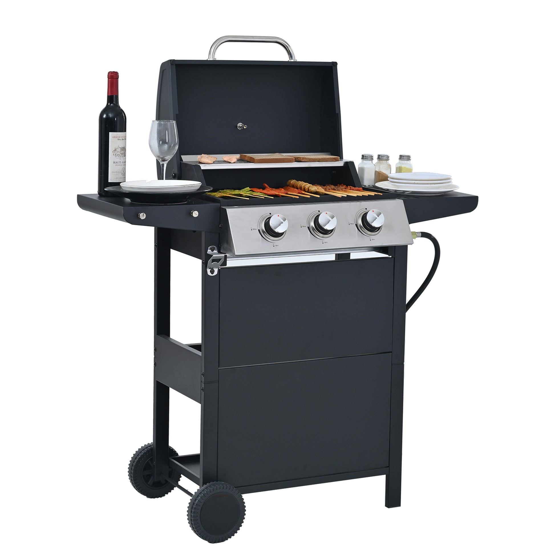 Propane Gas Grill 3 Burner Barbecue Grill, Stainless Steel 26,000 Btu Patio Garden Barbecue Grill With Two Shelves, Lid, Wheels And Bottle Opener Black Iron