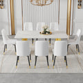 Table And Chair Set.The Table Has A Glass Top With Imitation Marble Pattern Stickers And Stainless Steel Golden Legs. Paried With Chairs With Pu Artificial Leather Backrest Cushions And Black Legs. White Gold Seats 8 Glass Metal