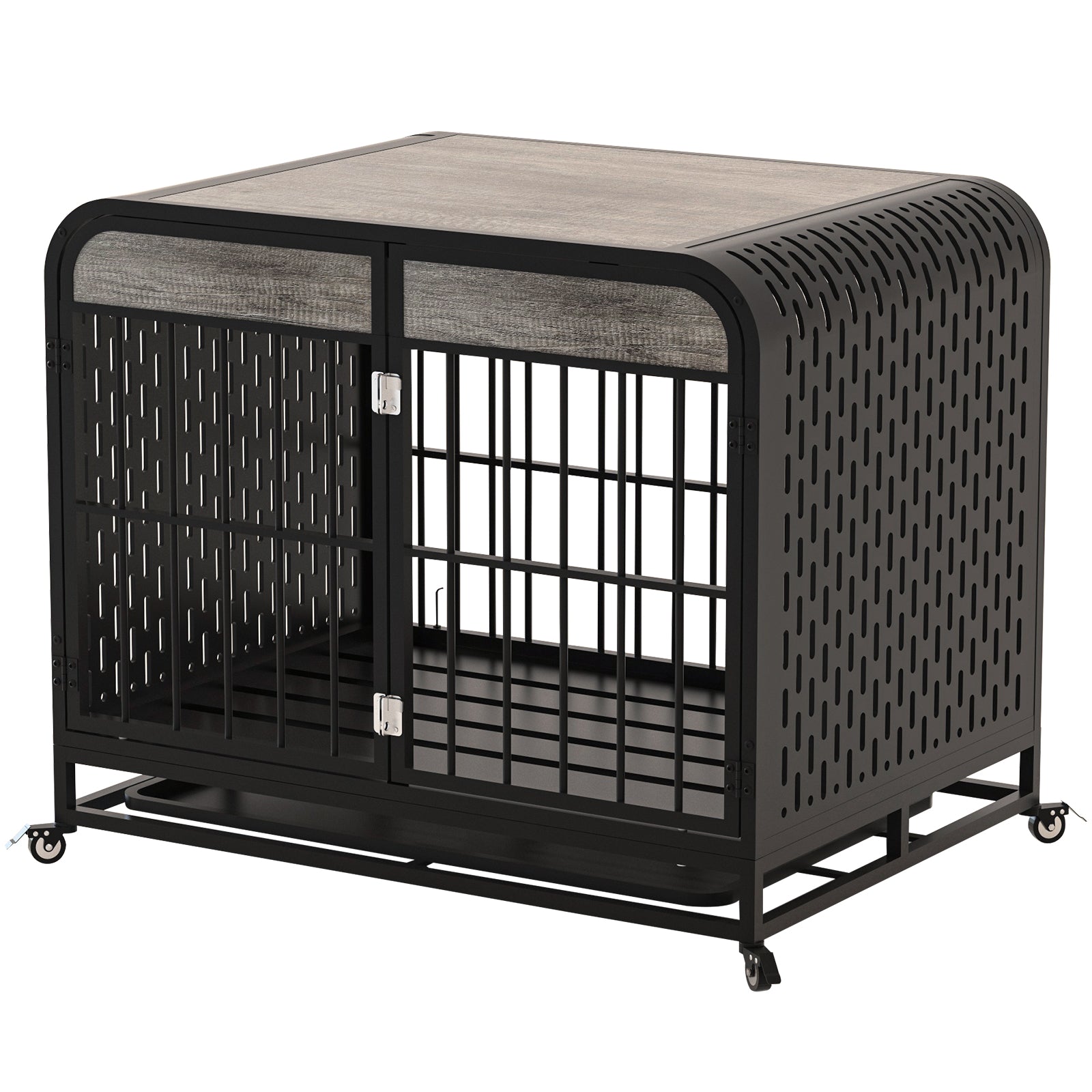 Heavy Duty Dog Crate Furniture Wooden Table Pet Dog Cage Kennel House Indoor Side End Table Decor With Removable Trays And Lockable Wheels For Small Dogs 33" Grey Grey Outdoor Kennel Small 11 25 Lbs Mdf Steel