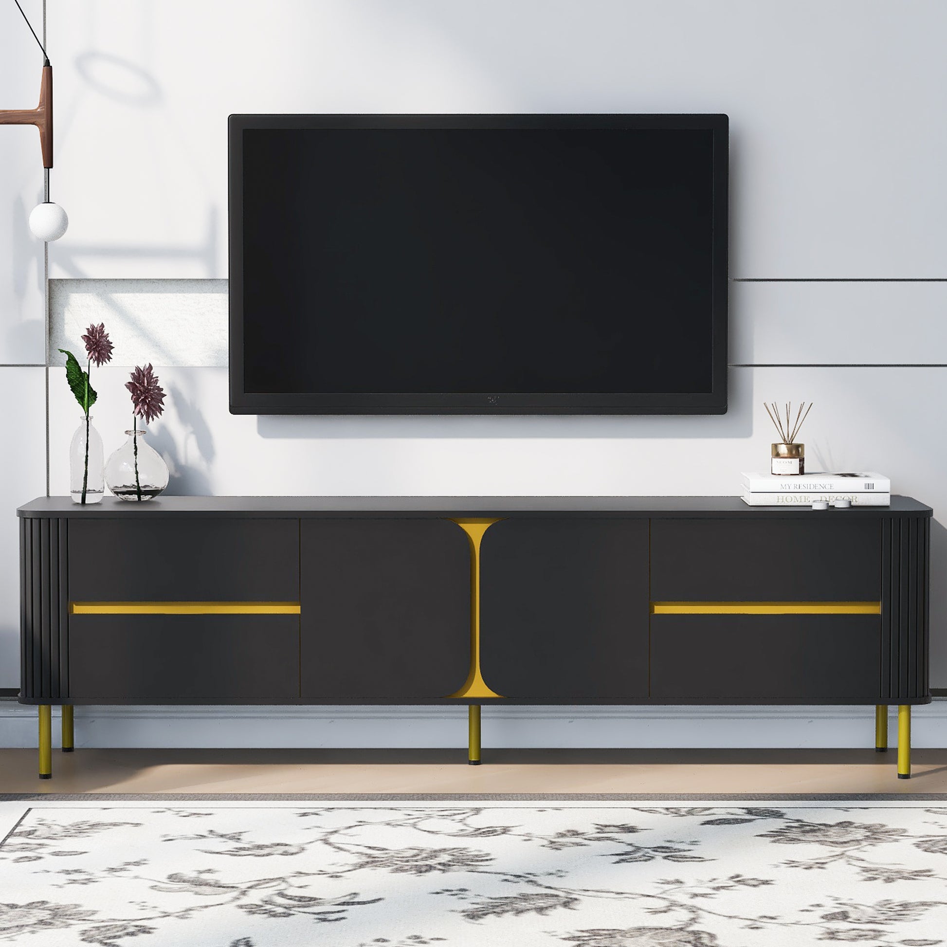 Tv Stand For Tvs Up To 80 Inches, Modern Entertainment Center Media Console With 4 Drawers And 1 Spacious Cabinet For Living Room, Black Black 70 79 Inches Mdf