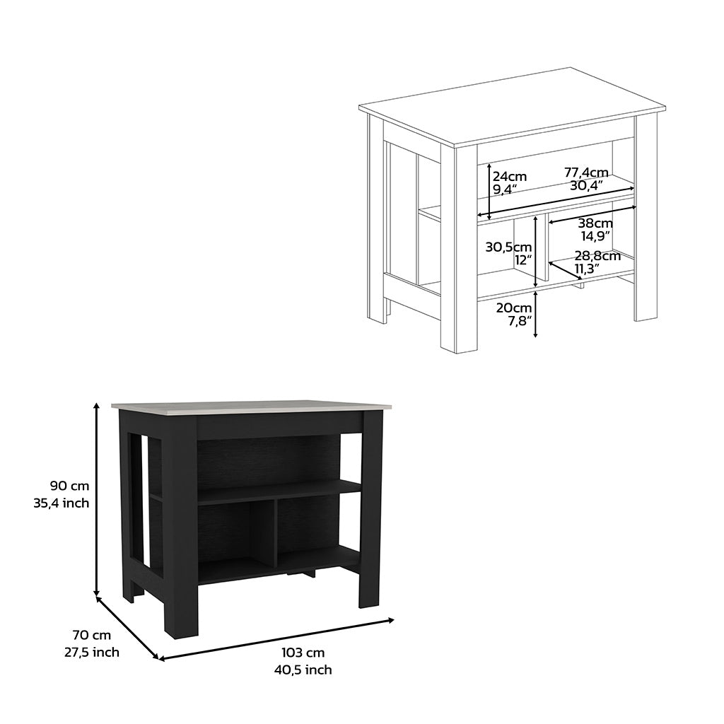 Kitchen Island, Kitchen Table 35" H, Four Legs, Three Open Storage Shelves, Black Ibiza Marble Multicolor Particle Board Particle Board