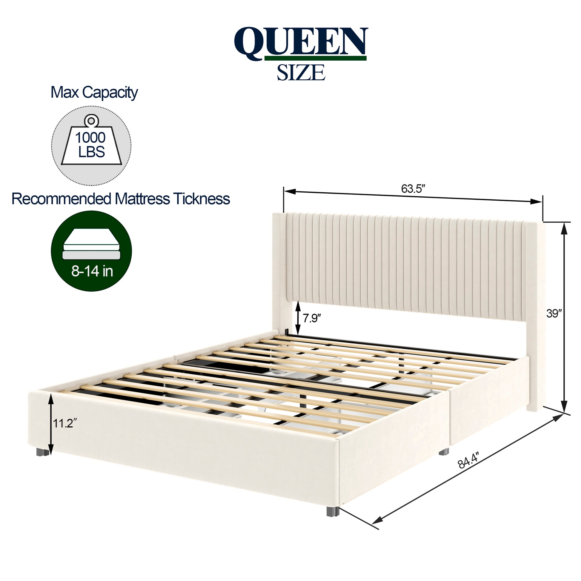 Anna Queen Size Ivory Velvet Upholstered Wingback Platform Bed With Patented 4 Drawers Storage, Modern Design Headboard With Tight Channel, Wooden Slat Mattress Support No Box Spring Needed Box Spring Not Required Queen Ivory Metal Bedroom