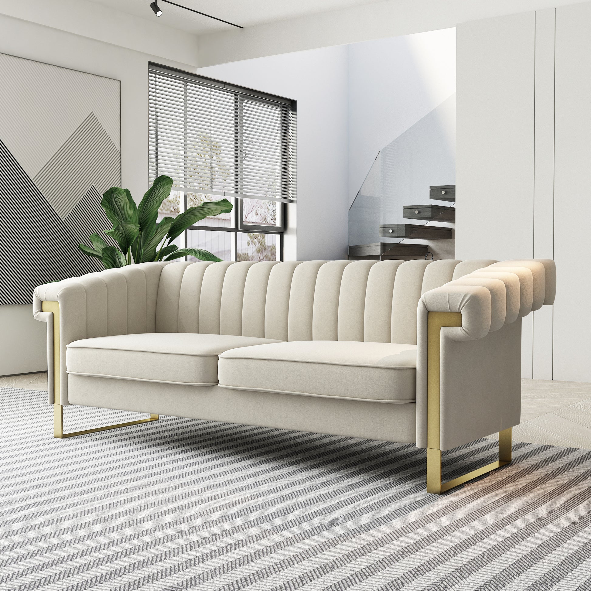 Fx P81 Cw2 Sofa Modern Cream Velvet Sofa With Gold Accents Sleek Channel Tufted Upholstery, 3 Seat Couch For Living Room And Office Decor Temu Suitable Cream White Velvet 3 Seat
