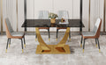 Table And Chair Set.Modern Rectangular Dining Table With Black Textured Stickers Glass Tabletop And Gold Plated Metal Legs.Paried With 4 Comfortable Chairs With Pu Seats And Black Metal Legs. Black Gold,Brown,Light Gray Seats 4 Glass Metal