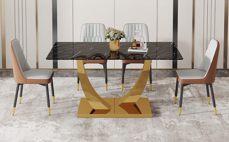 Table And Chair Set.Modern Rectangular Dining Table With Black Textured Stickers Glass Tabletop And Gold Plated Metal Legs.Paried With 4 Comfortable Chairs With Pu Seats And Black Metal Legs. Black Gold,Brown,Light Gray Seats 4 Glass Metal