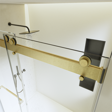 For 56'' 60''W*76''H Frameless Double Sliding Soft Close Shower Door In Brushed Gold, 3 8'' 10Mm Thick Sgcc Tempered Glass Door No Glass Panels Included, Only Hardware Profiles And Fittings Brushed Gold Metal