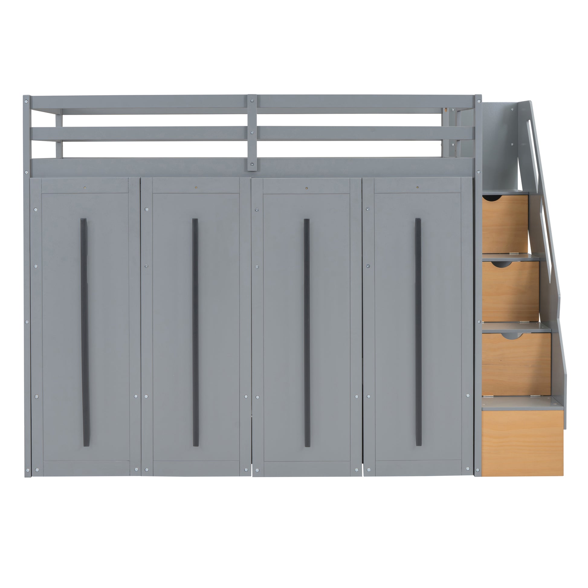 Modern Loft Bed With Two Tone Storage Stairs And Pull Out Wardrobes, Gray Twin Gray Solid Wood Mdf