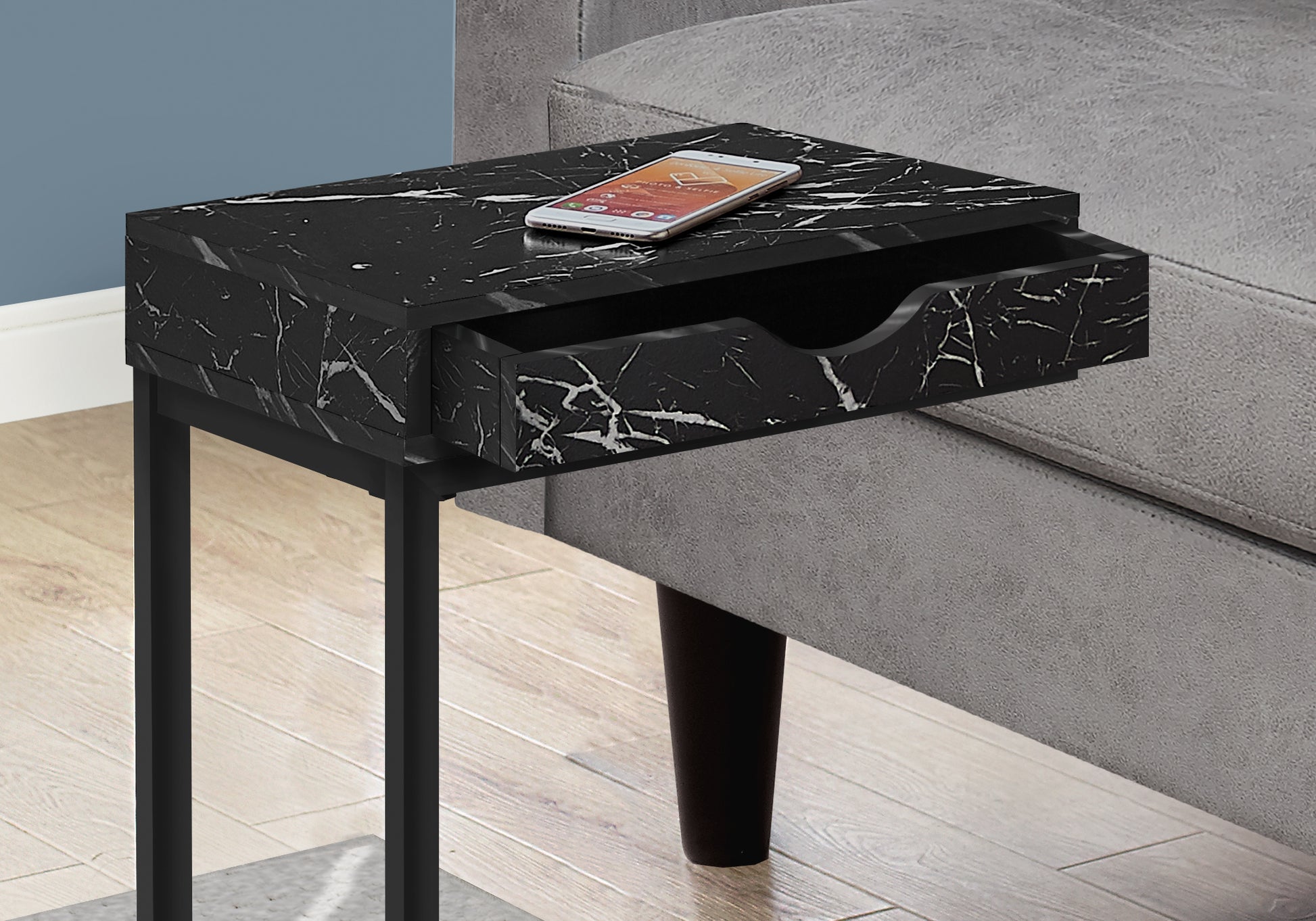 Accent Table, C Shaped, End, Side, Snack, Storage Drawer, Living Room, Bedroom, Black Marble Look Laminate, Black Metal, Contemporary, Modern Black Metal