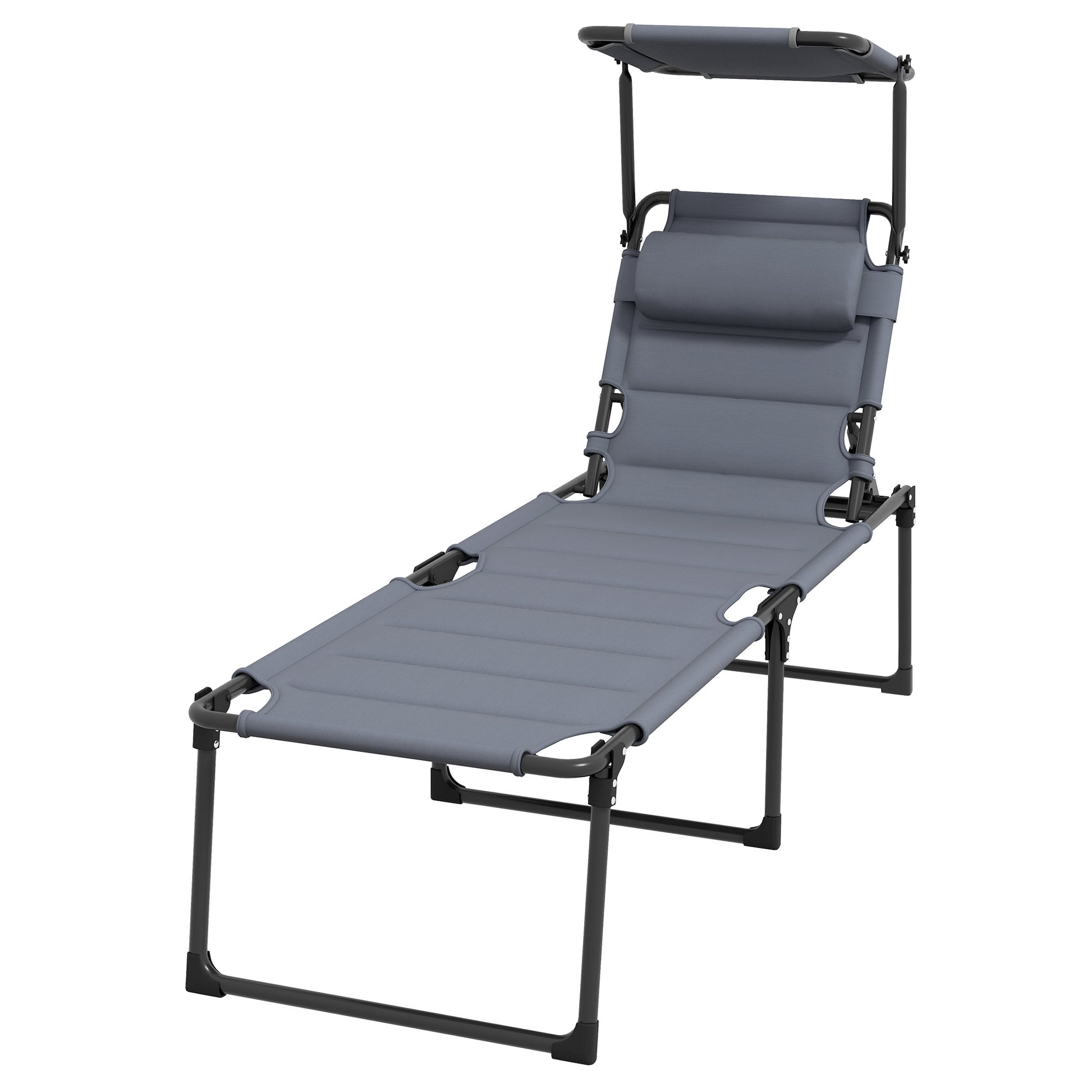 Outsunny Outdoor Lounge Chair, Adjustable Backrest Folding Chaise Lounge, Cushioned Tanning Chair W Sunshade Roof & Pillow Headrest For Beach, Camping, Hiking, Gray Grey Steel