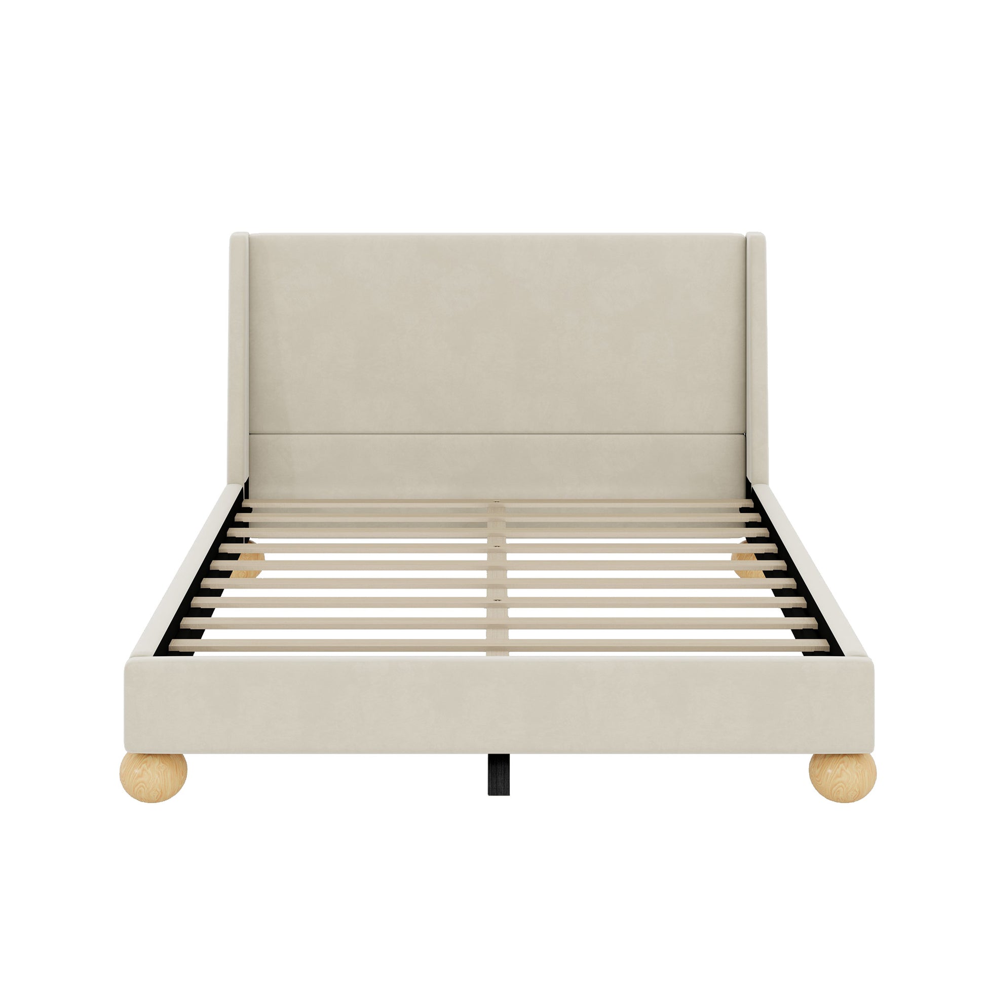 Modern Velvet Upholstered Platform Bed With Wingback Headboard And Round Wooden Legs, Cream,Queen Size Old Sku:Bs531851Aac Box Spring Not Required Queen Cream Wood Bedroom Modern Bed Frame Velvet