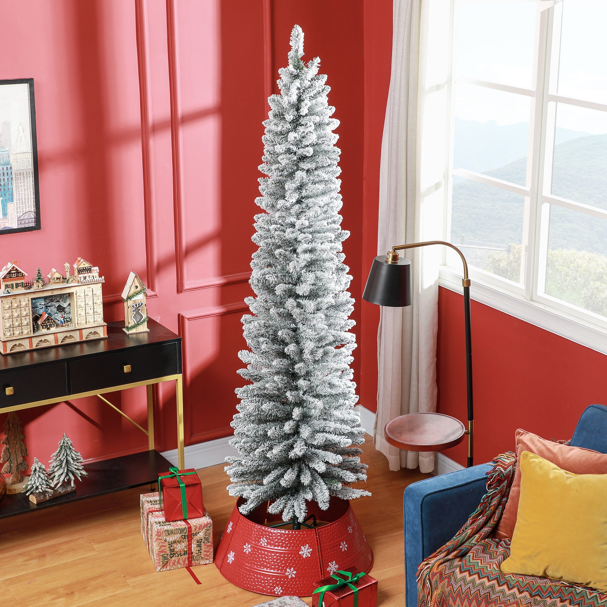 Homcom 7Ft Artificial Pencil Christmas Tree With 405 Snow Flocked Tips, Metal Base, Realistic Xmas Tree Green Plastic