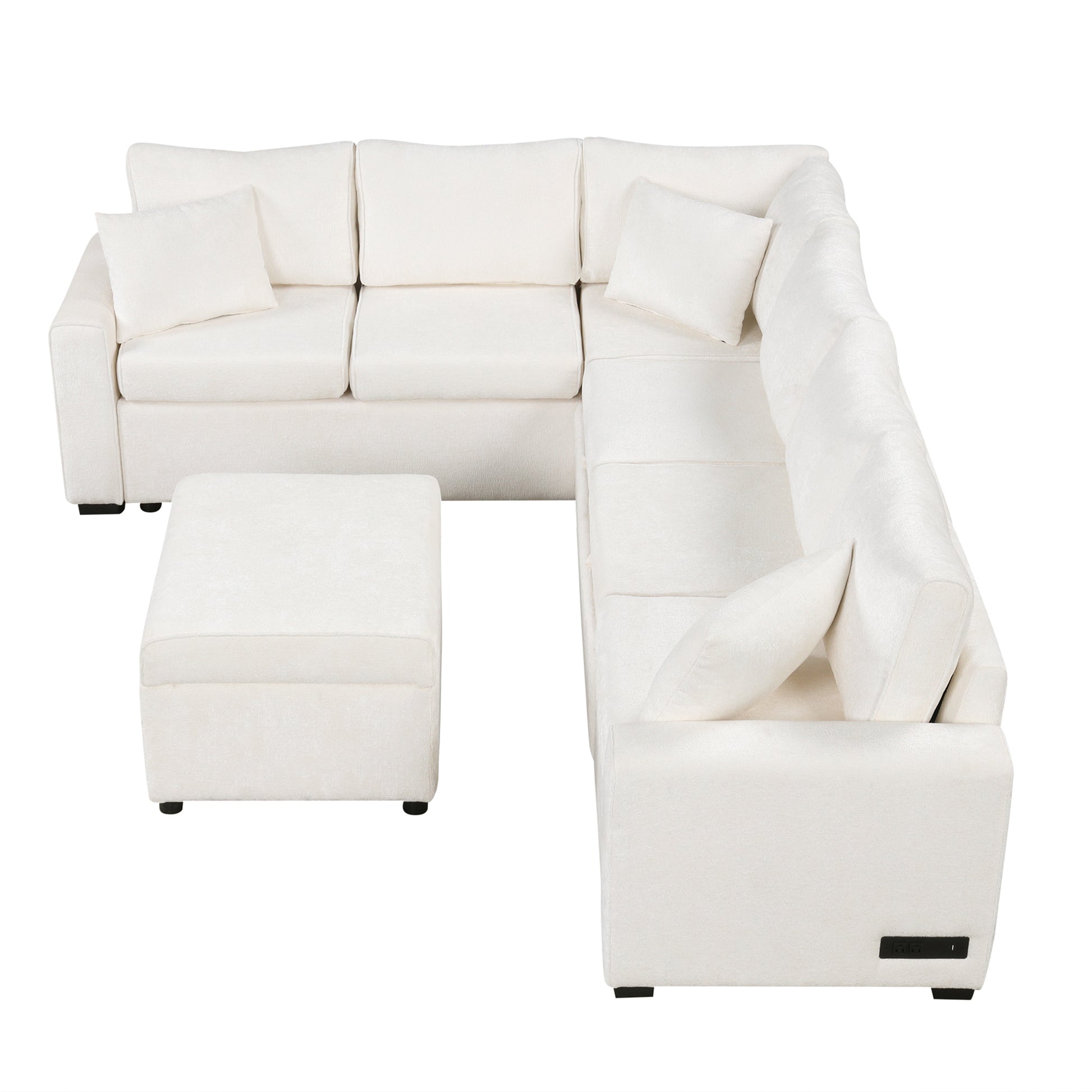 112.2" Sectional Sofa Pull Out Sofa Bed Sleeper With A Storage Ottoman,Three Pillows And Charging Devices For Living Room, Cream Cream Foam Chenille 6 Seat