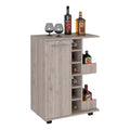 Bar Cart, Four Casters, Single Door Cabinet, Two External Shelves, Light Gray Beige Particle Board Particle Board