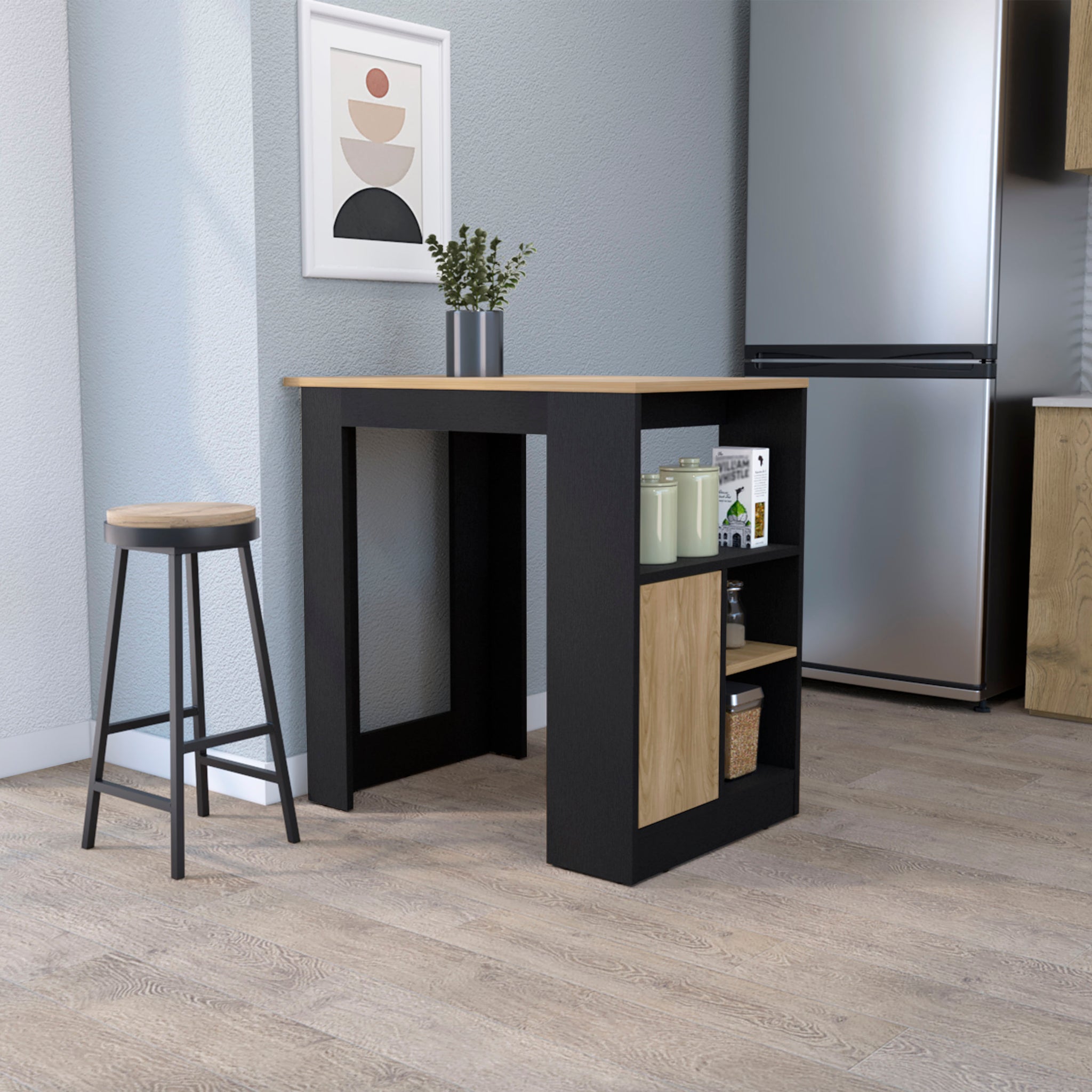 Arial Kitchen Island In Melamine With A Door And Open Storage, Black Natural Oak Multicolor Kitchen Modern Rectangular Stationary Kitchen Islands Particle Board Melamine Small Less Than 40In