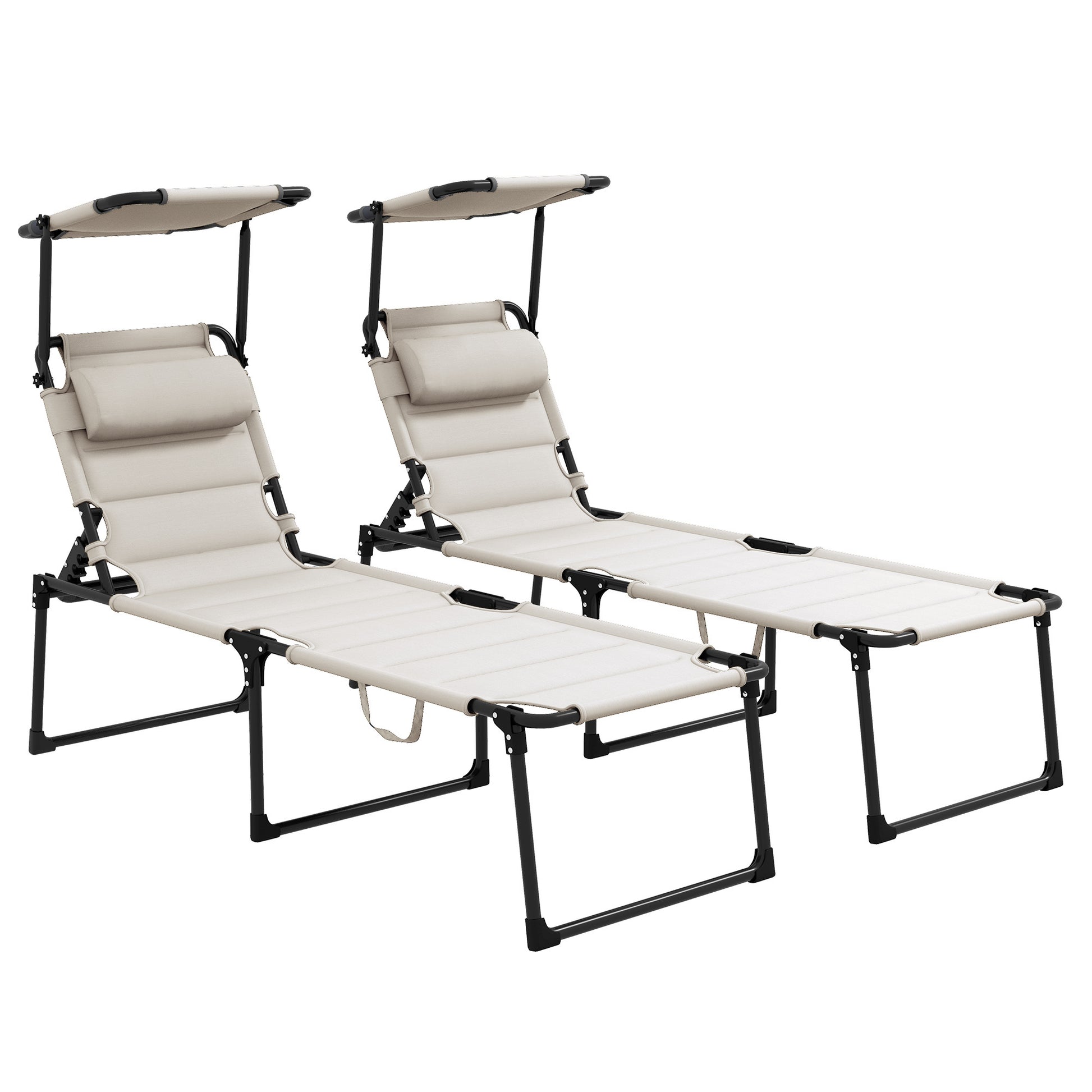 Outsunny 2 Pcs Outdoor Lounge Chair, Adjustable Backrest Folding Chaise Lounge, Cushioned Tanning Chair W Sunshade Roof & Pillow Headrest For Beach, Camping, Hiking, Cream White White Steel