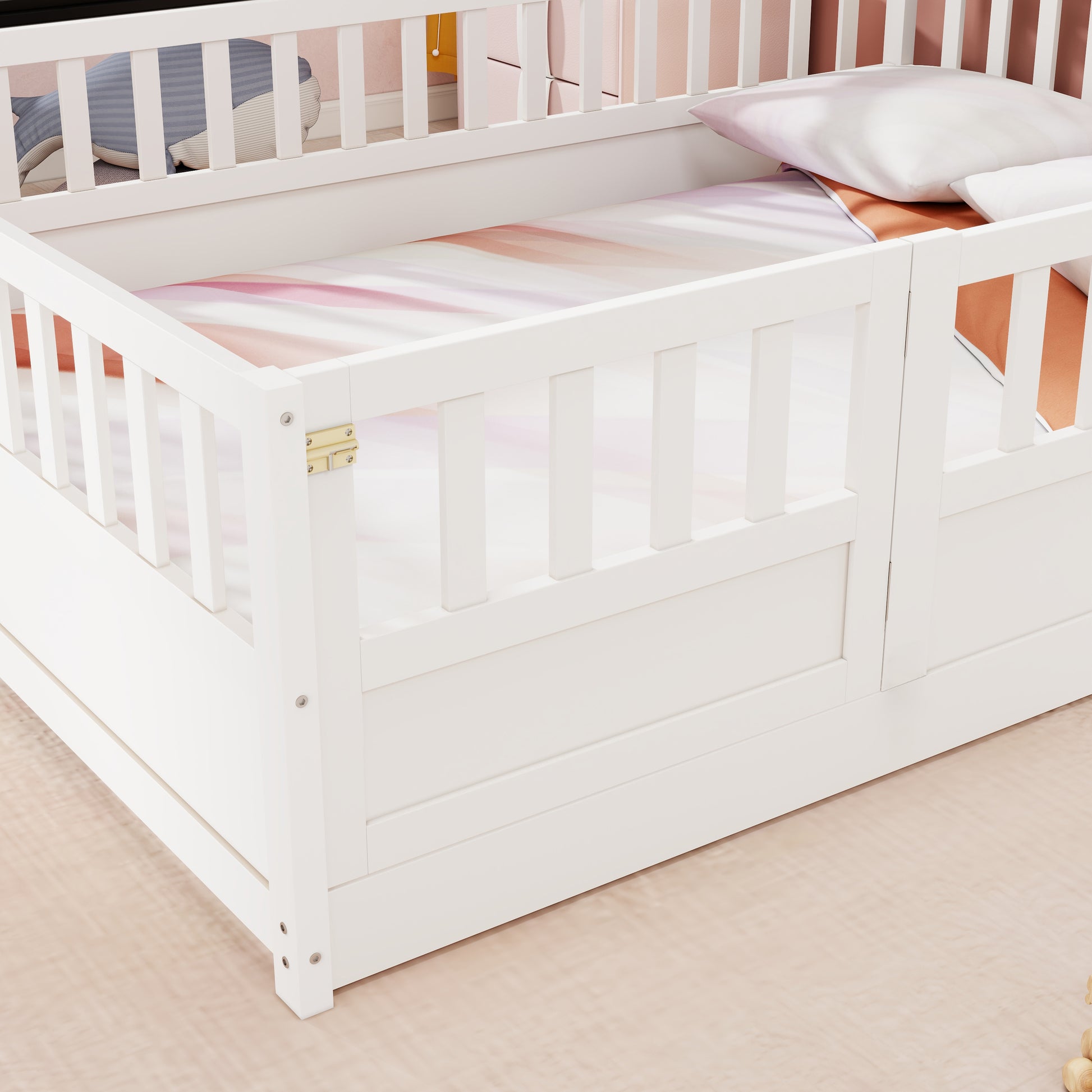 Full Size Floor Bed, Integral Construction With Super High Security Barrier, Door, Children'S Floor Bed Frame, Montessori Wooden Children'S Floor Bed, White Box Spring Required Full White Wood Brown