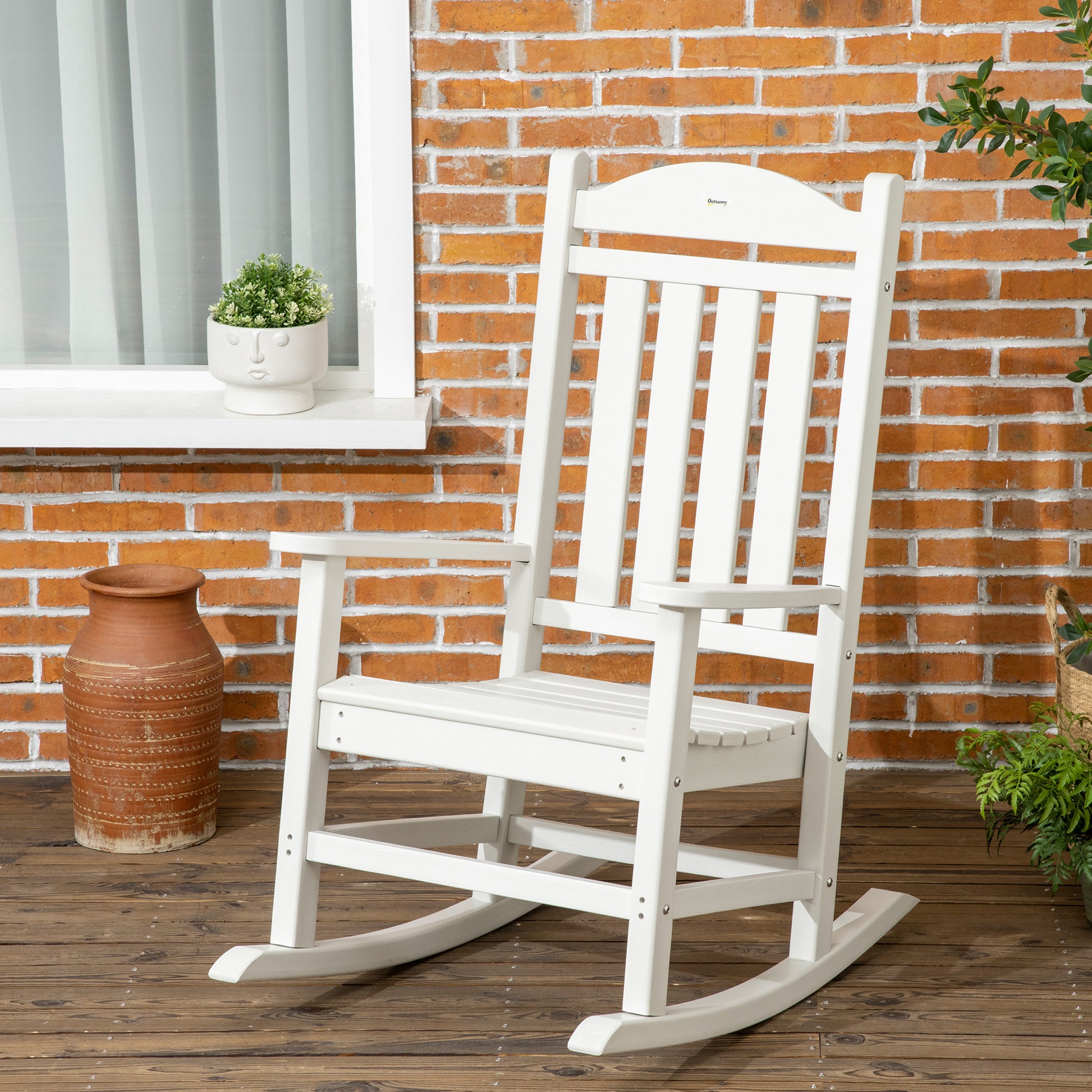Outsunny Outdoor Rocking Chair, All Weather Resistant Hdpe Rocking Patio Chairs With Rustic High Back, Armrests, Oversized Seat And Slatted Backrest, 350Lbs Weight Capacity, White White Plastic