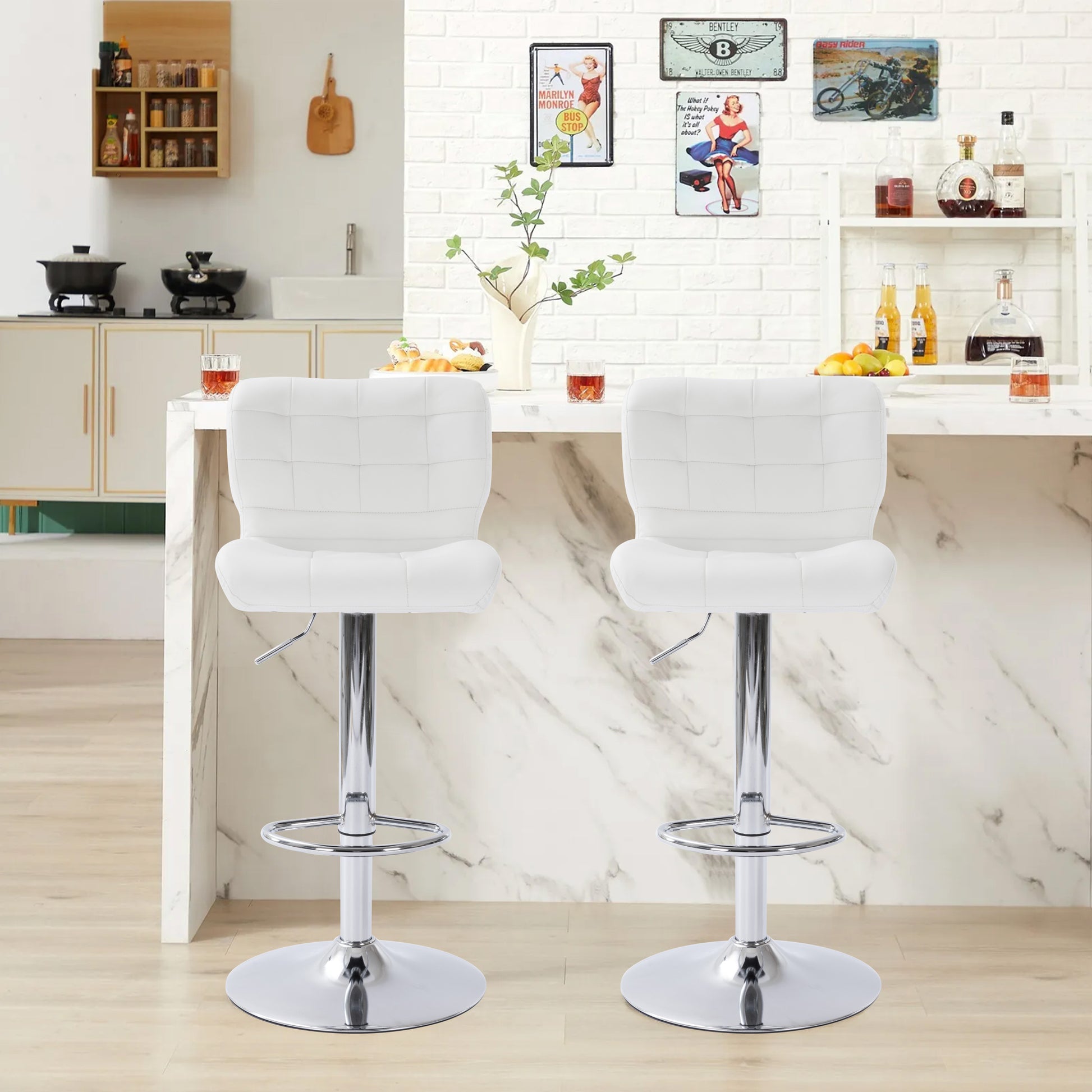 Tufted Wingback Modern Adjustable Modern Swivel Height Barstools Counter Stool For Kichen Island Set Of 2 ,White Chrome Metal