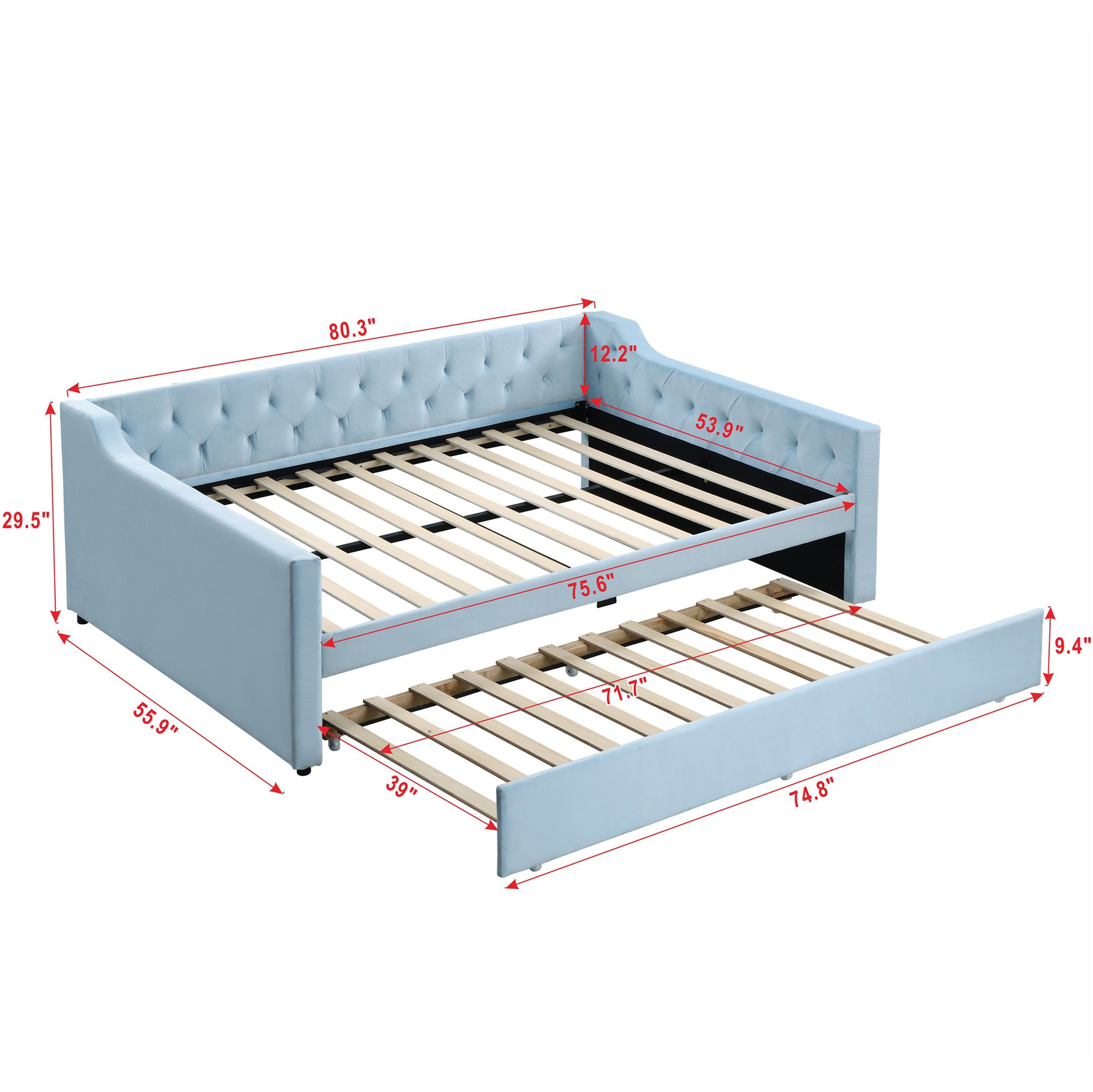 Full Size Upholstered Tufted Daybed With Twin Size Trundle, Blue Box Spring Not Required Full Blue Wood Daybeds Velvet Upholstered