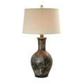 Aine 29 Inch Hydrocal Table Lamp, Drum Shade, Urn Shaped Base, Slate Gray Gray Beige Fabric