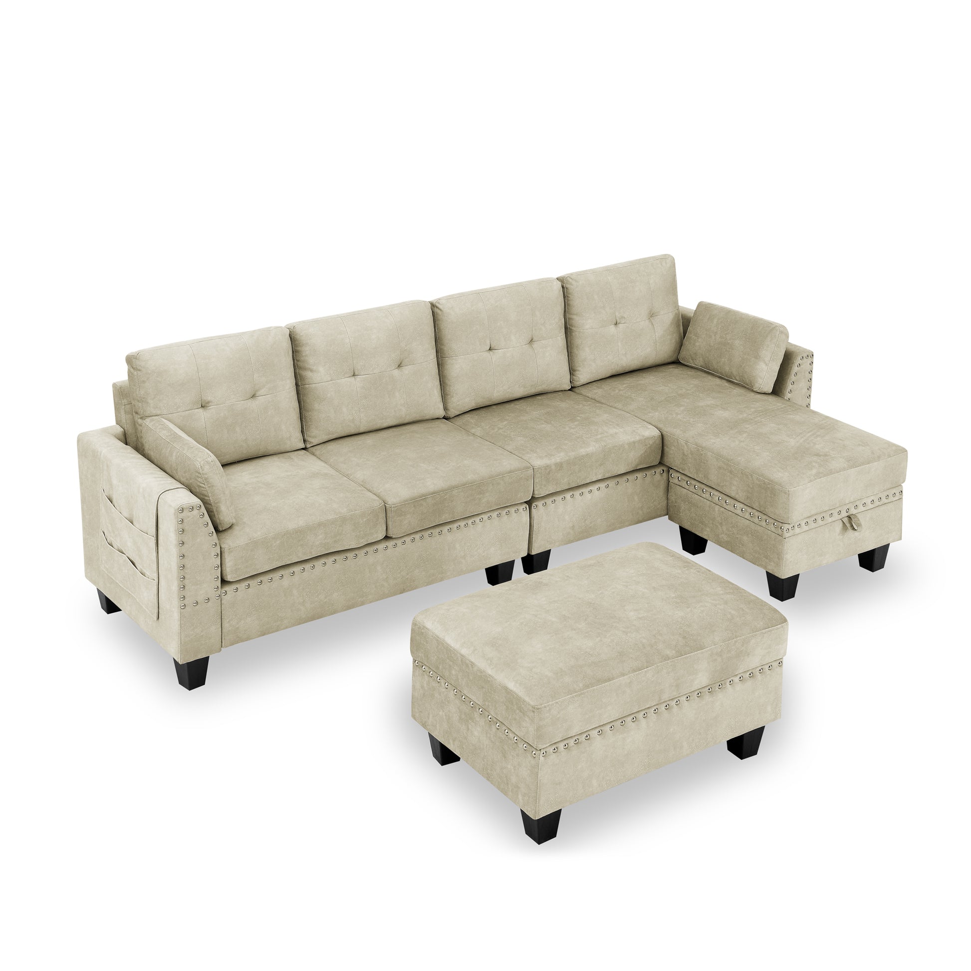 Sectional 3 Seaters Sofa ,Double Sided Multi Functional Footstool, Storage Matnon Slip Leg, Two Pillows, Velvet,Beige Beige Velvet 3 Seat