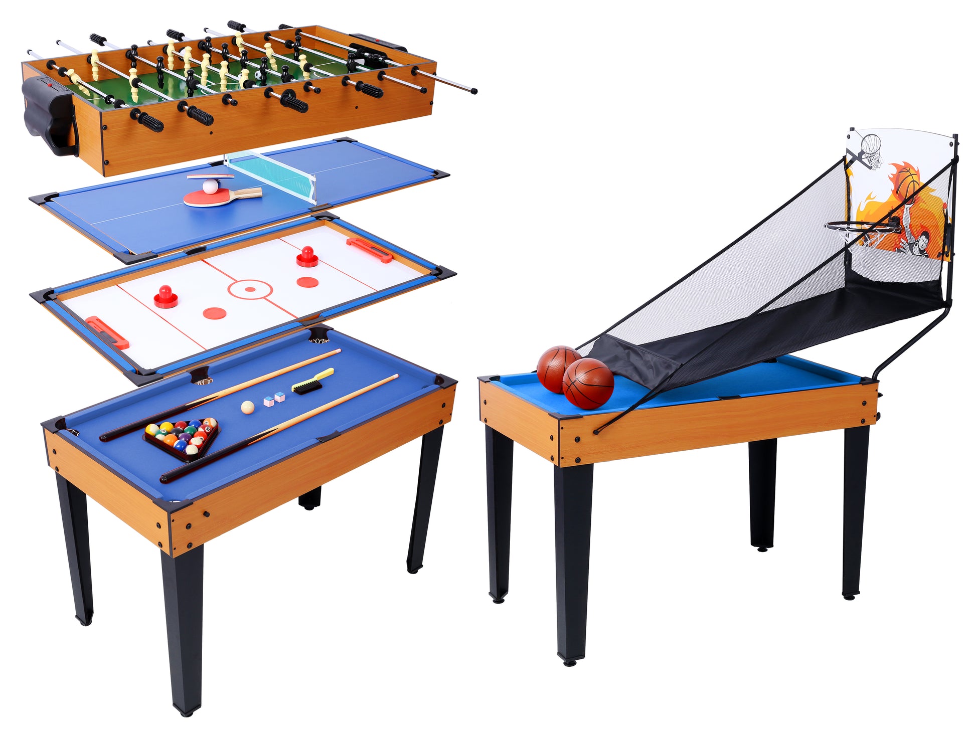 5 In 1 Multi Game Table Billiards, Push Hockey, Foosball, Ping Pong, And Basketball Brown Blue Brown Mdf Steel
