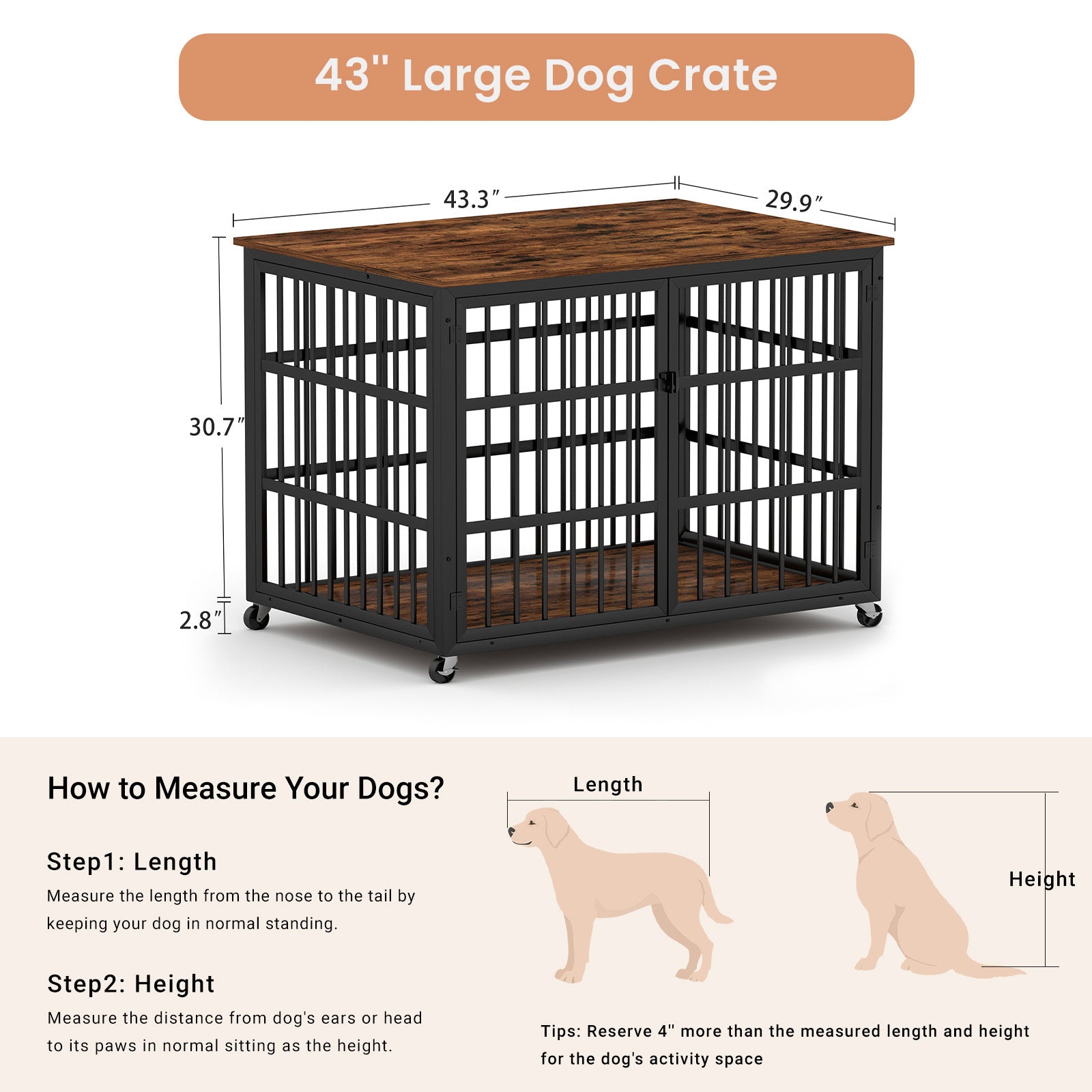 Furniture Style Dog Crate Wrought Iron Frame Door With Side Openings, Rustic Brown, 43.3''W X 29.9''D X 33.5''H. Rustic Brown Particle Board