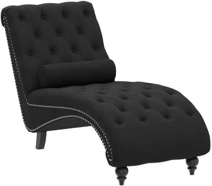 Button Tufted Chaise Lounge Indoor With Solid Wood Leg Support Pillow, Upholstered Chaise Lounge Chair For Bedroom Living Room Office, Armless Rolled Backrest Leisure Sofa Recliner Black Velvet Black Wood Fabric