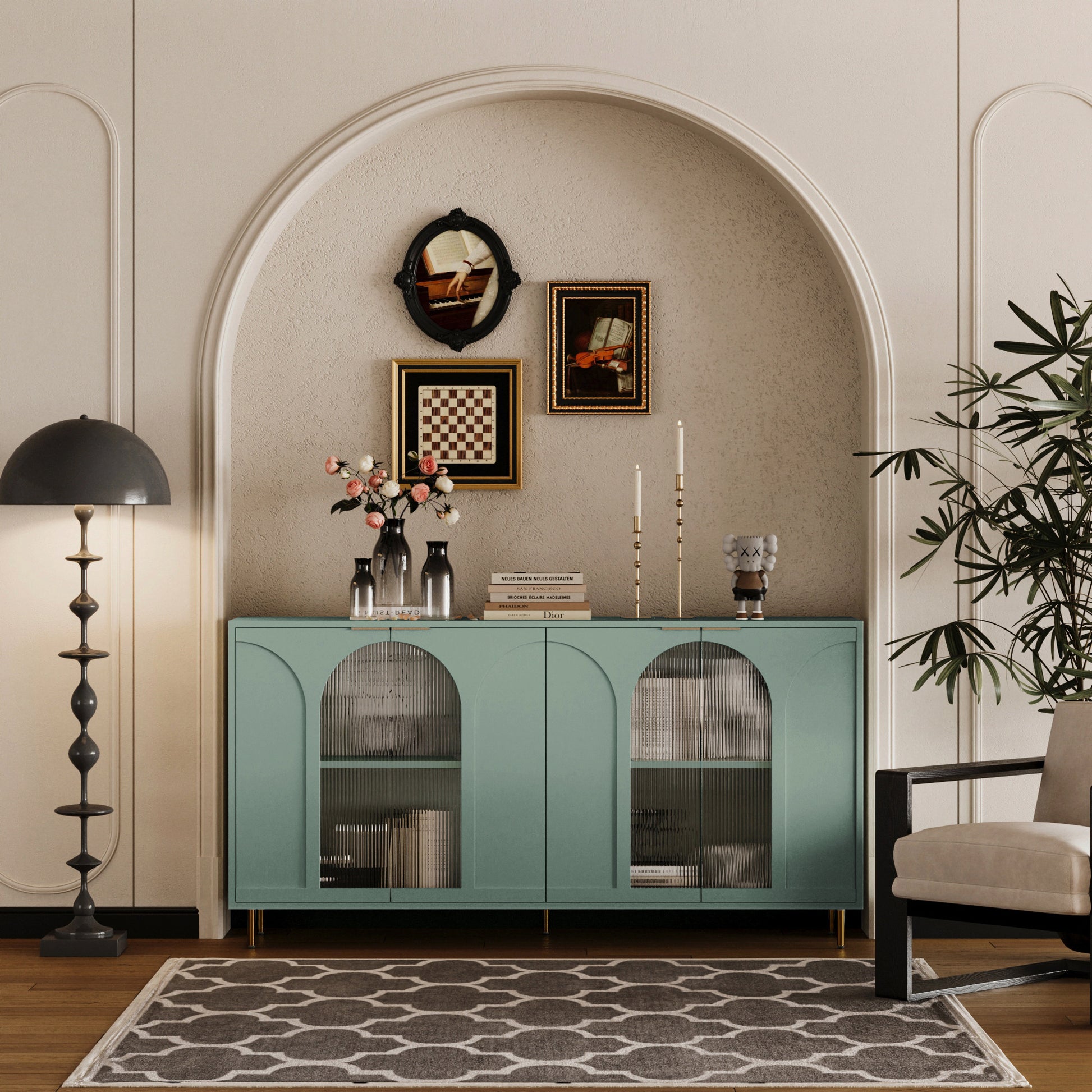 Accent Cabinet Lacquered Wooden Cabinet With 4 Glass Doors Sideboard Buffet Server Cabinet Storage Cabinet, For Living Room, Entryway, Hallway, Office, Kitchen And Dining Room, Mint Green Lacquered Mint Green Adjustable Shelves American