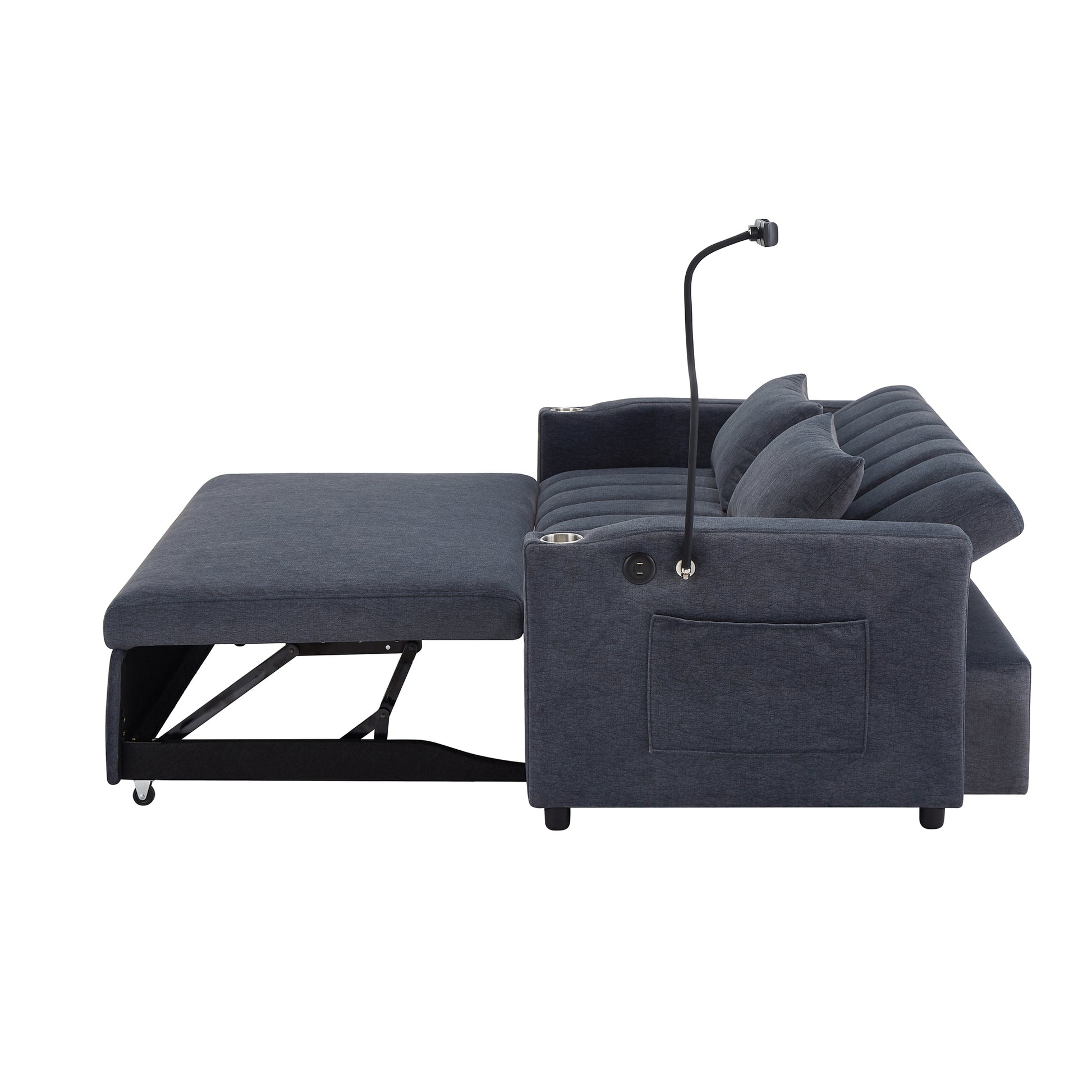 55.9" Convertible Sofa Bed Loveseat Sofa With Three Usb Ports, Two Side Pockets, Two Cup Holders And 360 Swivel Phone Holder For Living Room, Blue Grey Blue Gray Foam Polyester