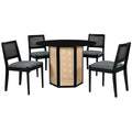5 Piece Rattan Round Dining Table Set, Wood Table With Hexagonal Base And Upholstered Chairs For Dining Room, Kitchen,Indoor Use, Black Gray Wood Dining Room Solid Wood Rubberwood Round Dining Table With Chair Wood Wood Black Seats 4 Traditional Round