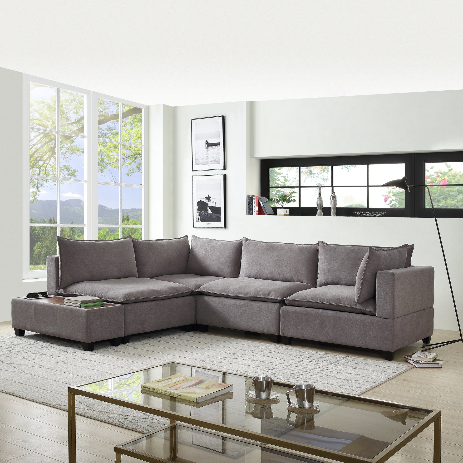 Madison 120"W Light Gray Fabric 5 Piece Modular Sectional Sofa With Usb Storage Console Table Light Gray Down Filling Foam 4 Seat