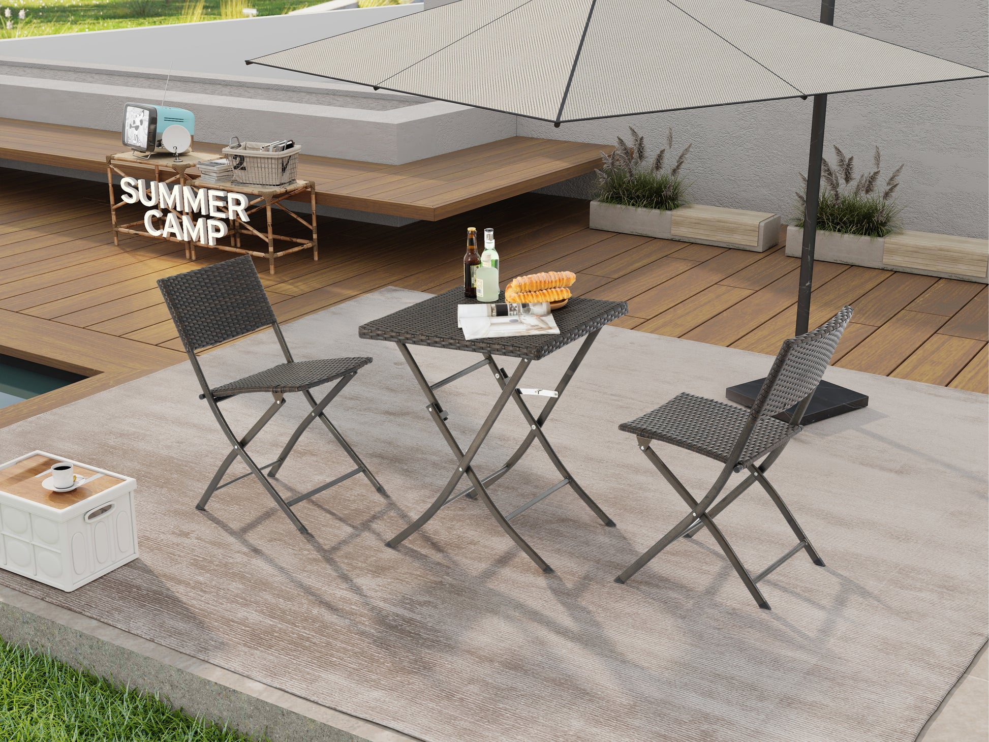 Rattan Patio Bistro Set, 3 Piece Foldable Outdoor Patio Furniture Sets, With Folding Table And Two Chairs, For Garden, Backyard, Pool, Lawn, Porch, Balcony, All Weather Rattan Style Brown Rattan
