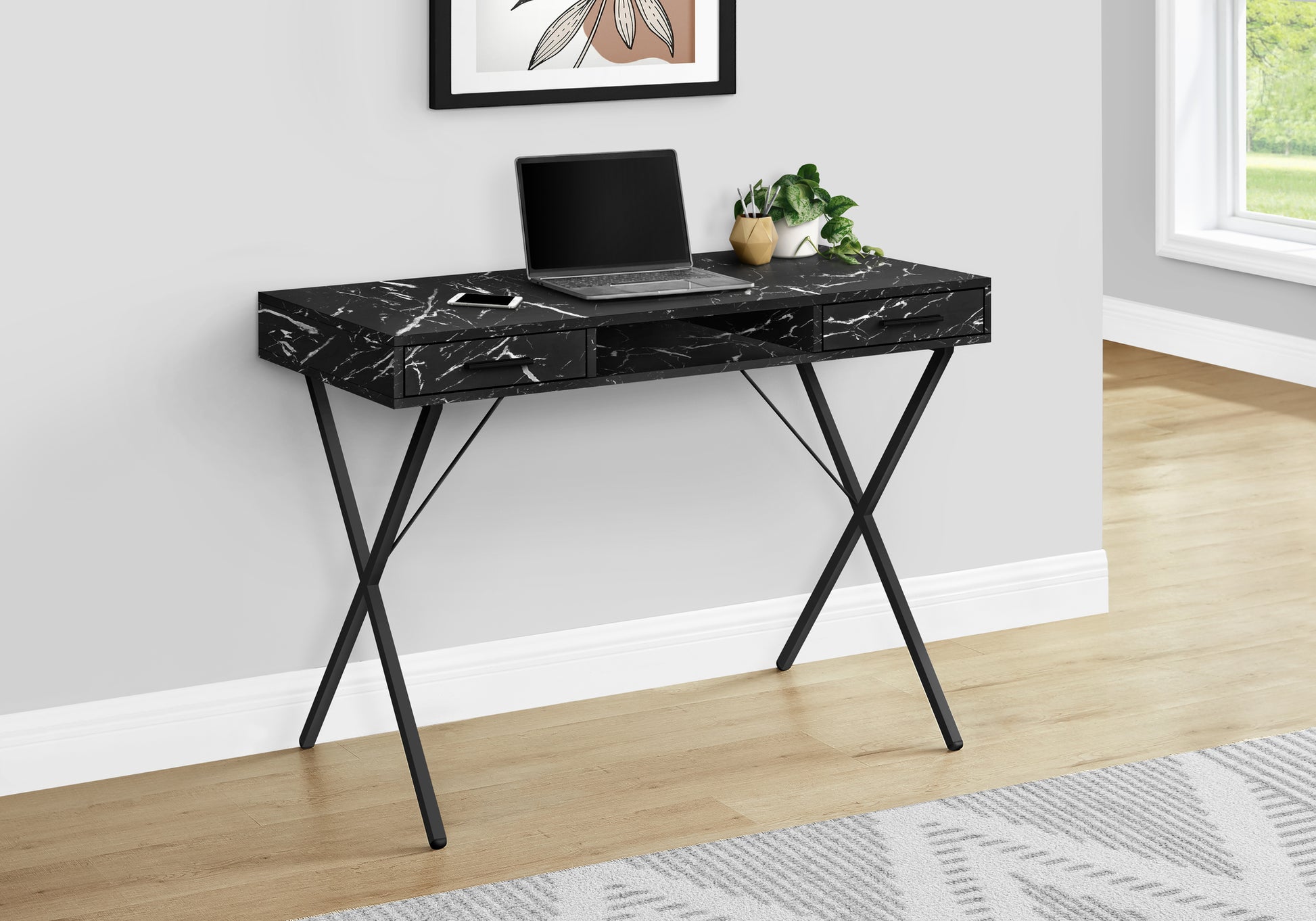 Computer Desk, Home Office, Laptop, Left, Right Set Up, Storage Drawers, 42"L, Work, Black Marble Look Laminate, Black Metal, Contemporary, Modern Black Particle Board