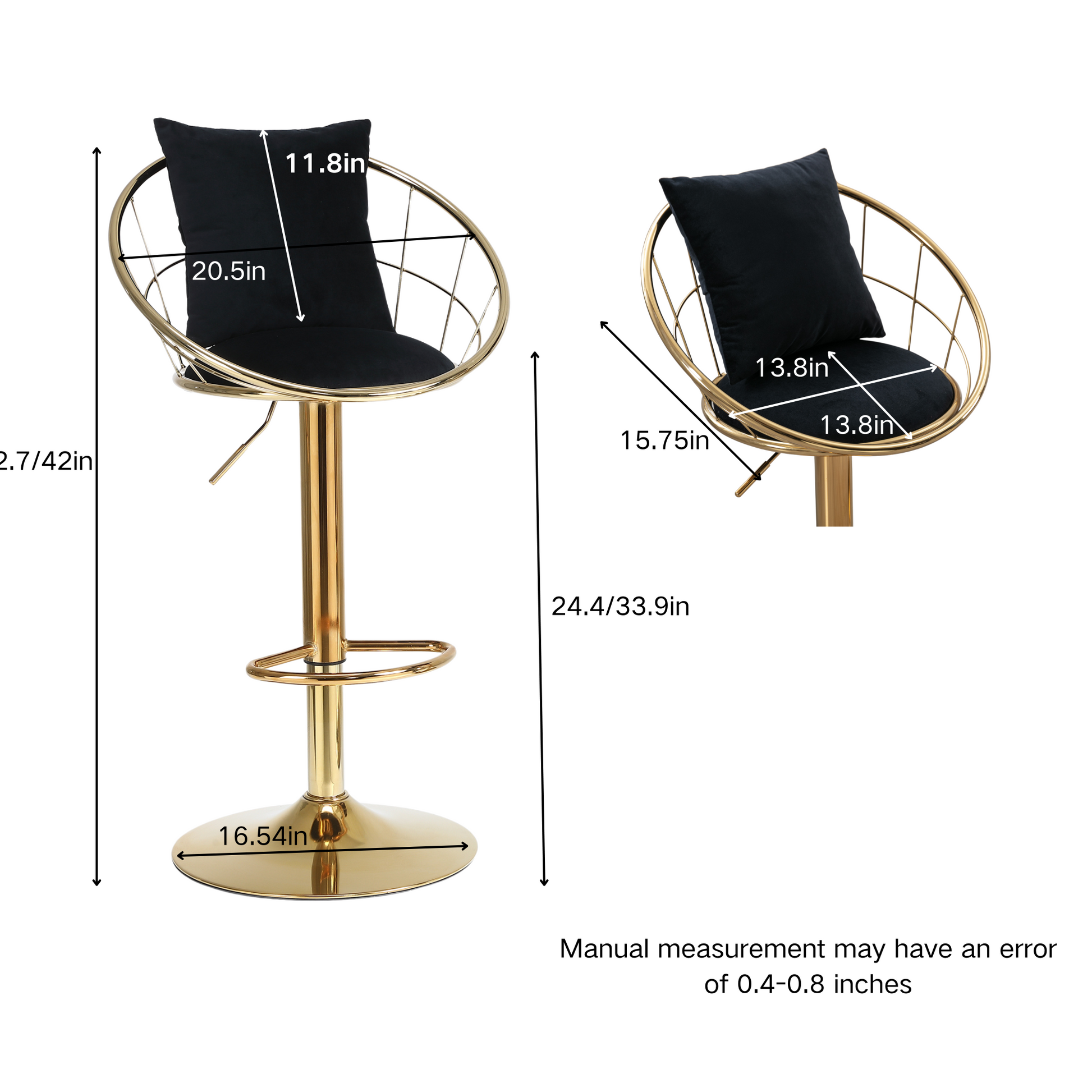 Black Velvet Bar Chair, Pure Gold Plated, Unique Design,360 Degree Rotation, Adjustable Height,Suitable For Dinning Room And Bar,Set Of 2 Black Velvet
