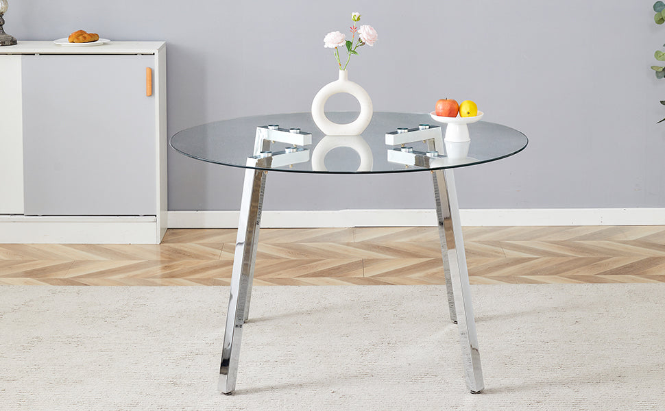 Modern Luxurious Round Tempered Glass Dining Table With Silver 7 Shaped Metal Legs,Suitable For Family Meals, Office Conferences, Or As A Casual Coffee Table For Various Occasions.47.3*47.3*29.5