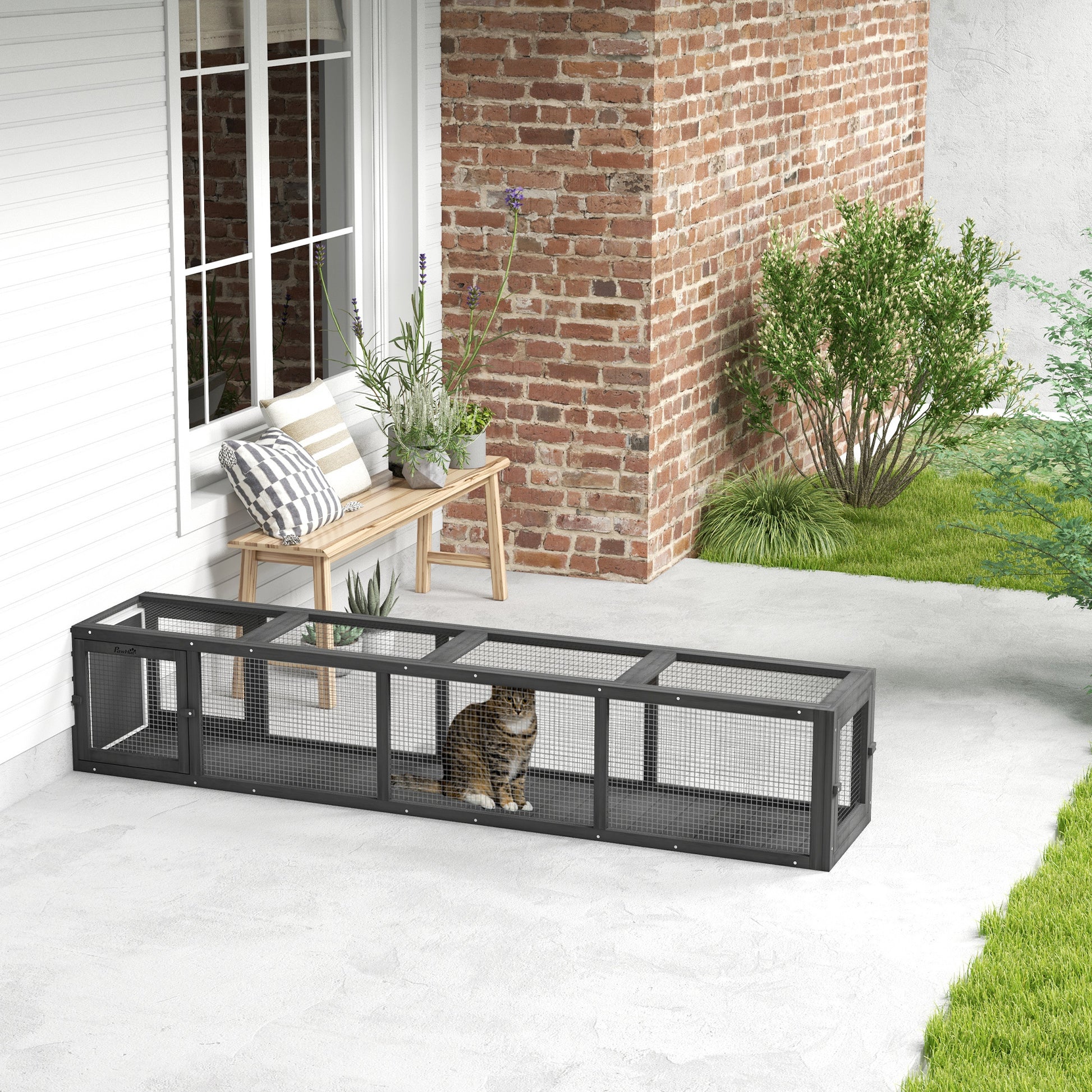 Pawhut Outdoor Cat Tunnel With Extendable Design, 79" L Wooden Cat Run With Weather Protection, Connecting Inside And Outside, For Deck Patios, Balconies, Dark Gray Grey Black Wood