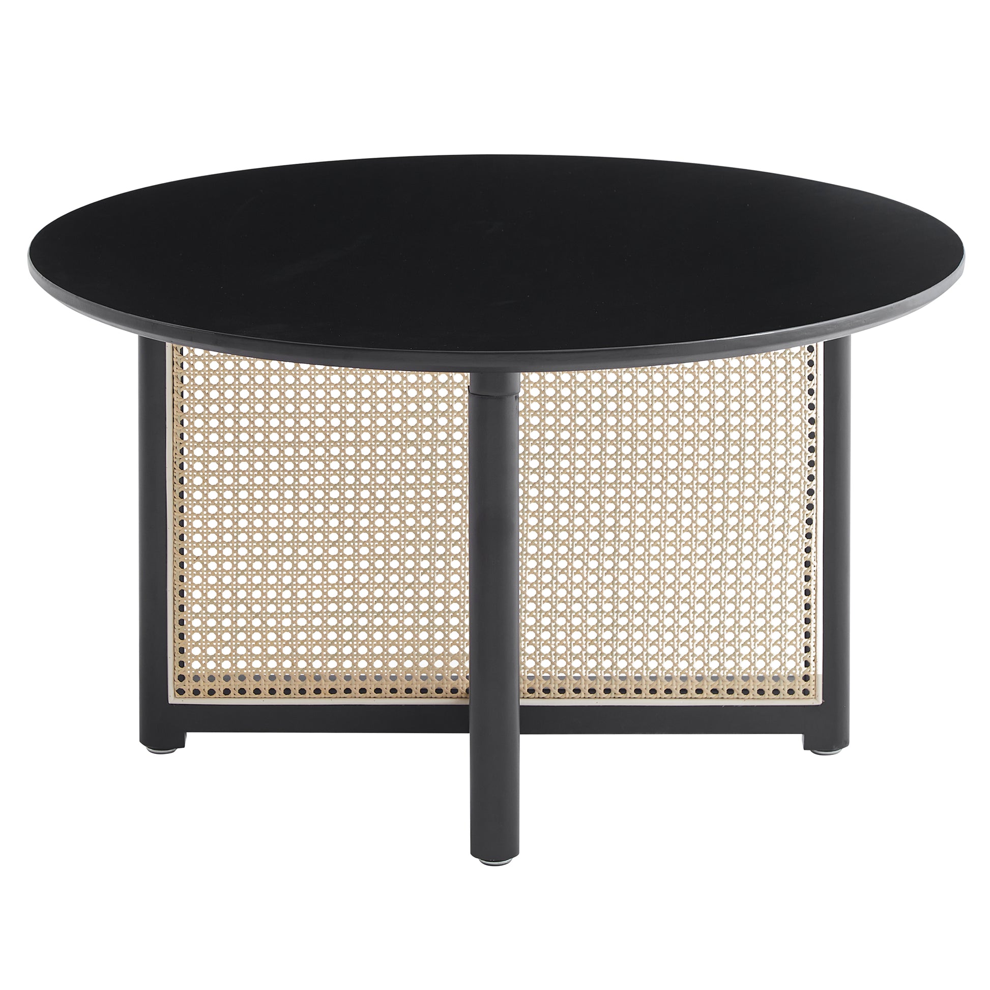 Mid Century Wooden Coffee Table With Pe Cane Stand, 31.5 Inch Round Solid Wood Bohemian Style Coffee Table, Unique Central Cocktail Table For Living Rooms, Apartments And Offices Black Rubber Wood