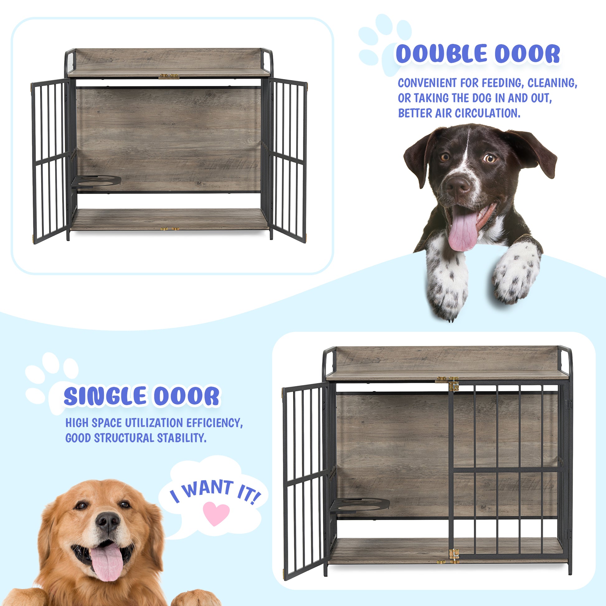 39'' Indoor Metal Dog Crate With Double Doors, Wooden Side End Table Crate, Dog Crate Furniture With Adjustable Feeder Stand, For Medium Dog, Gray Gray Dog Engineered Wood