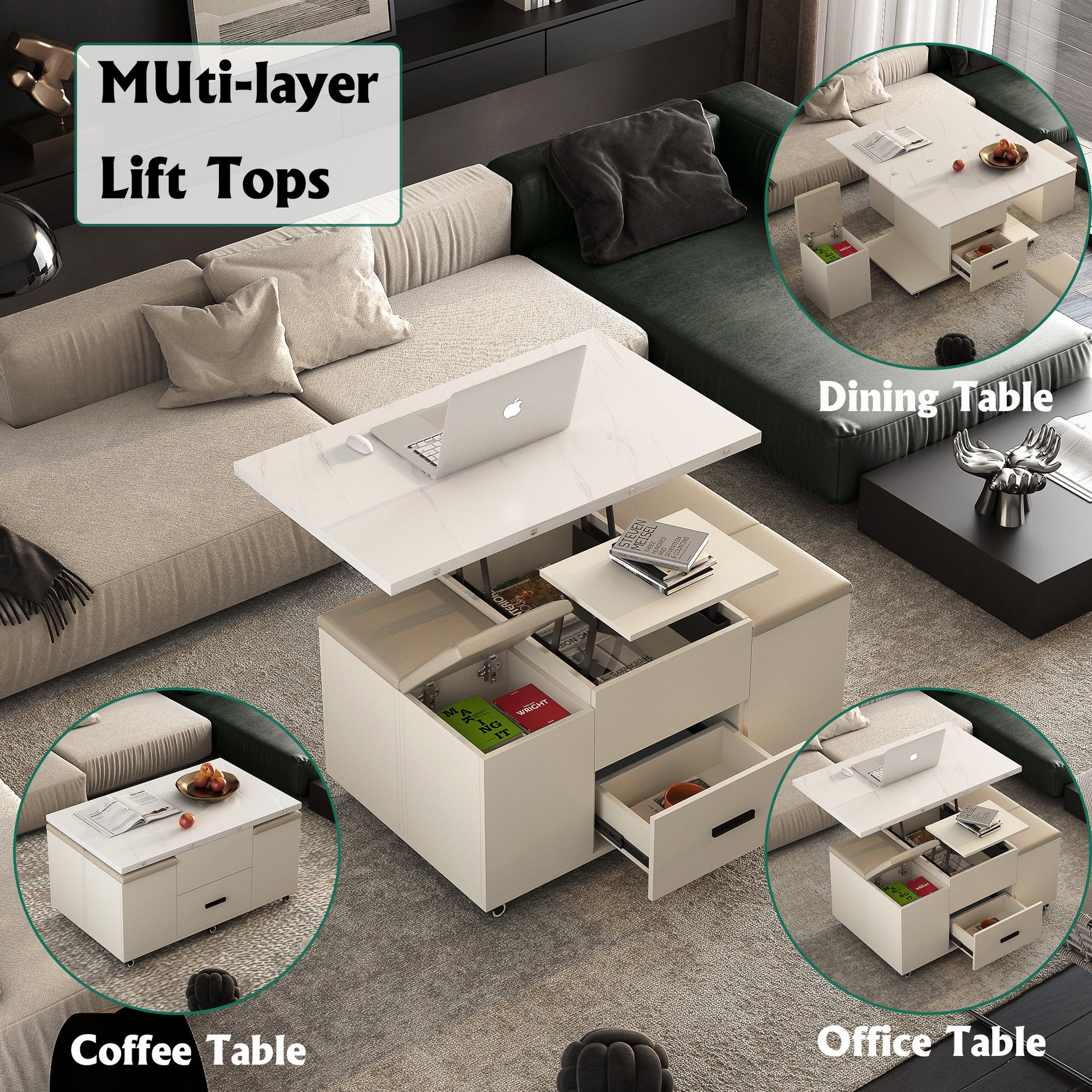 Modern Lift Up Coffee Table With Stools Set For Living Room Expandab