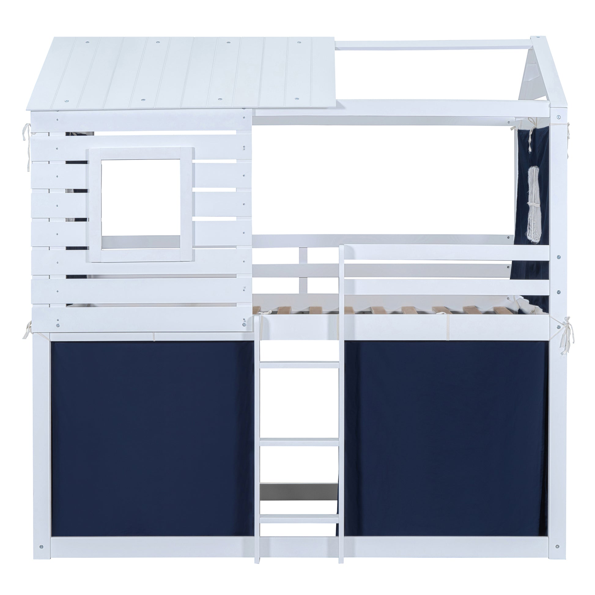 Twin Size Bunk Wood House Bed With Tent, Blue White Twin Blue Solid Wood Mdf