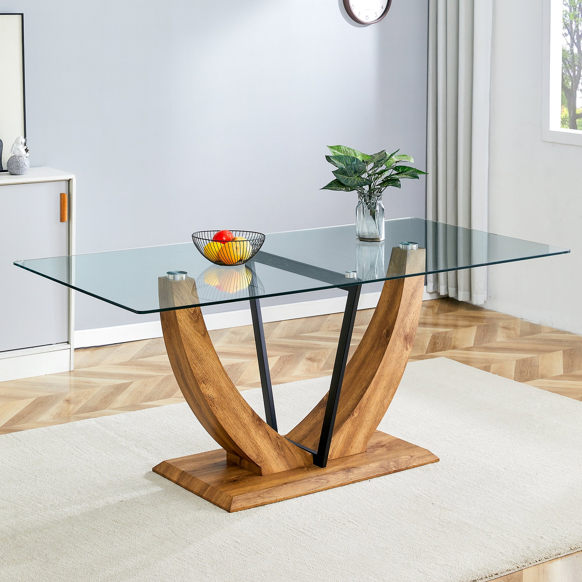 Modern Minimalist Rectangular Glass Table With 0.39" Tempered Glass Table And Mdf Legs, Metal Support Frame. For Kitchens, Dining Rooms F 907 Wood Glass