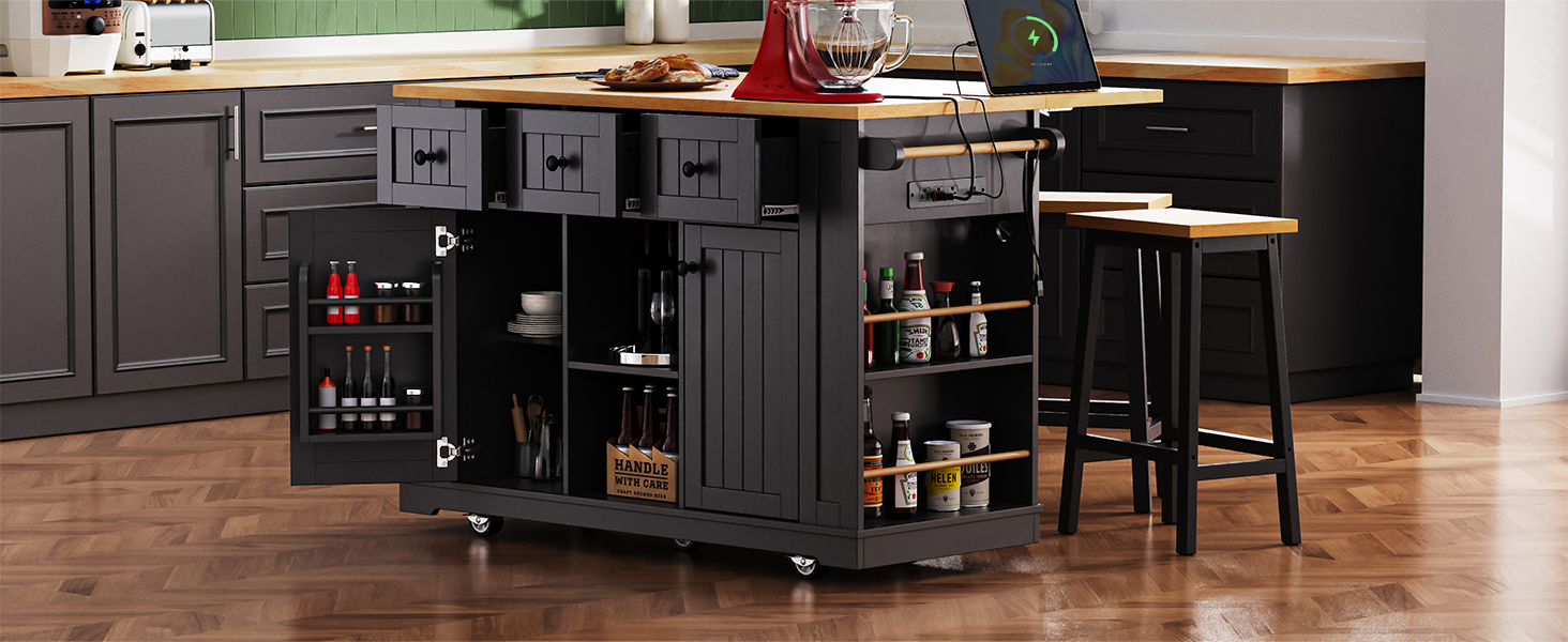 K&K 53Inch Large Kitchen Island With Drop Leaf, Power Outlet, Door Internal Storage Rack, Rolling Kitchen Cart On 5 Wheels With 5 Open Side Racks For Kitchen, Dining Room,Black Not Include Bar