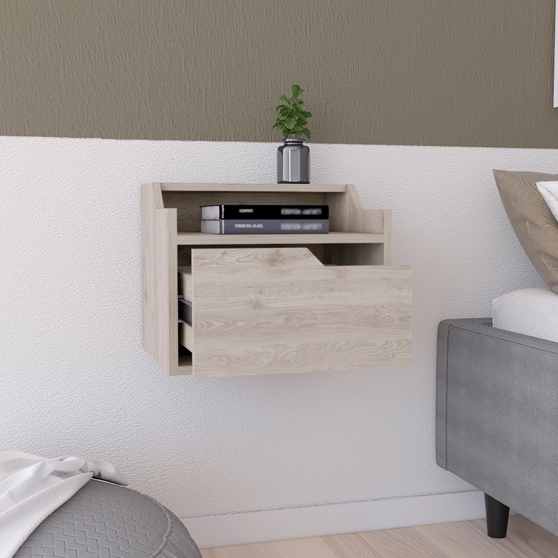 Florence Floating Nightstand With Drawer And Dual Shelf Display Beige 1 Drawer Bedroom Rectangle Shelf Mdf Engineered Wood