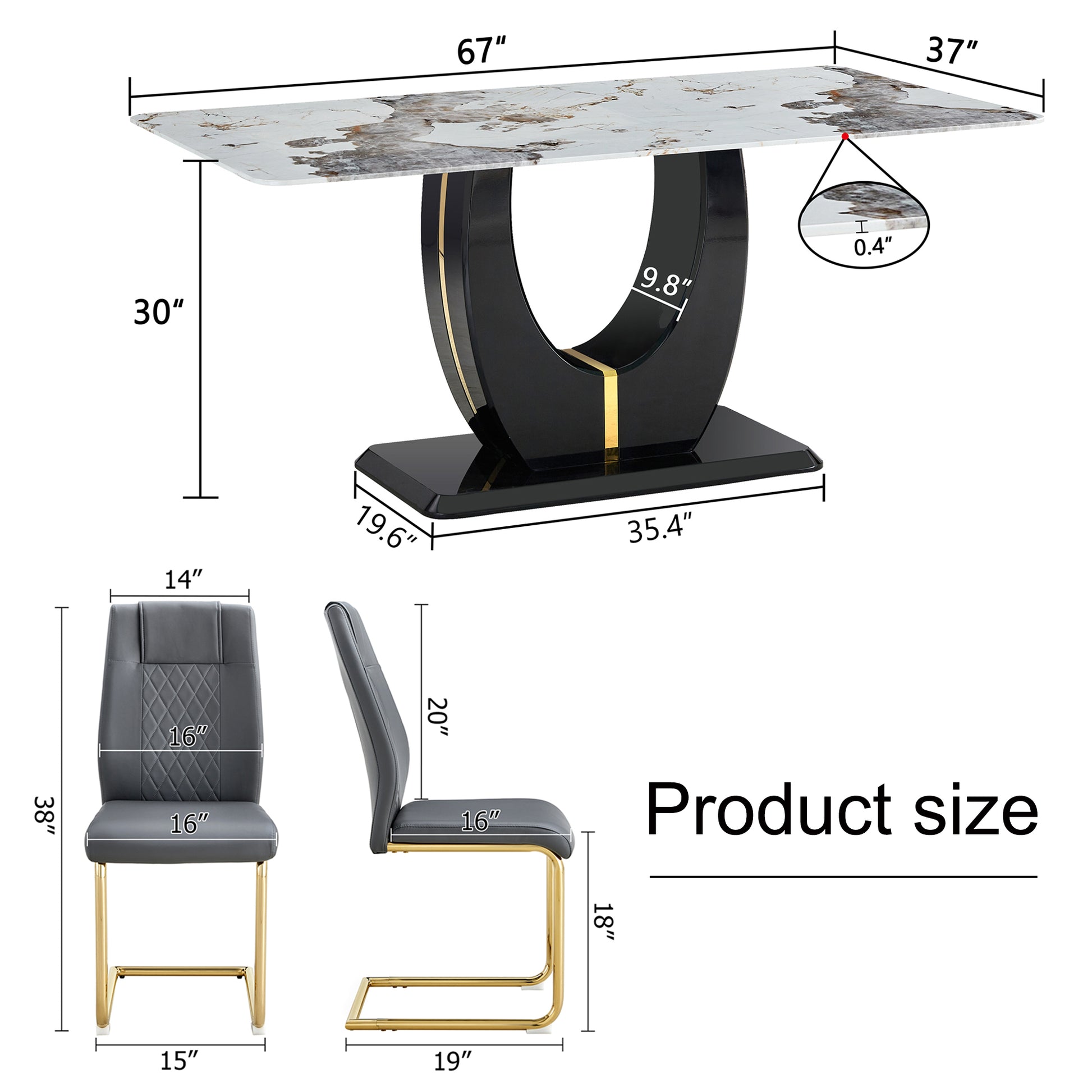 Table And Chair Set, Modern Dining Table, Patterned Table Top And Black Mdf Leg Table, Soft And Comfortable Dining Chair, Perfect For Dinner, Meetings, Home And Office Decor Grey Black Mdf Glass