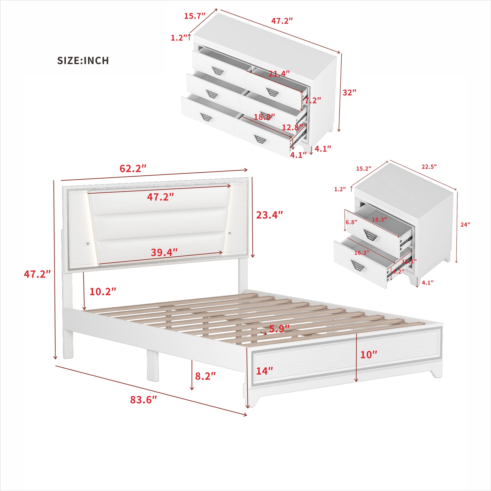 3 Pieces Bedroom Sets Queen Size Upholstered Bed With Led Lights, Nightstands And Dresser With Metal Handles And Sparkling Shiny Decoration, White Queen White 3 Piece Set Mdf Metal