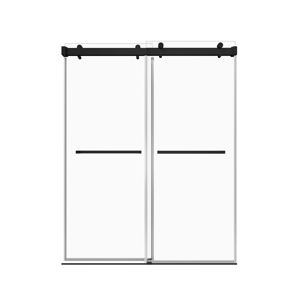 56'' 60'' W X 76'' H Single Sliding Frameless Shower Door With 3 8 Inch 10Mm Clear Glass In Matte Black Matte Black Stainless Steel