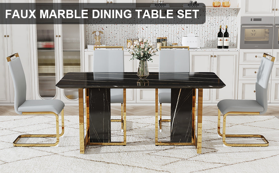 Table And Chair Set. Modern Dining Table With Mdf Top And Beautiful Mdf Legs. Equipped With Comfortable Pu Chairs And Metal Legs. Suitable For A Wide Range Of Decorative Styles. Black,Light Gray Seats 4 Mdf