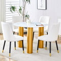 Table And Chair Set, Round Table With White Marble Pattern, Gold Mdf Table Legs, Soft And Comfortable Dining Chair, Suitable For Kitchen And Living Room White Mdf